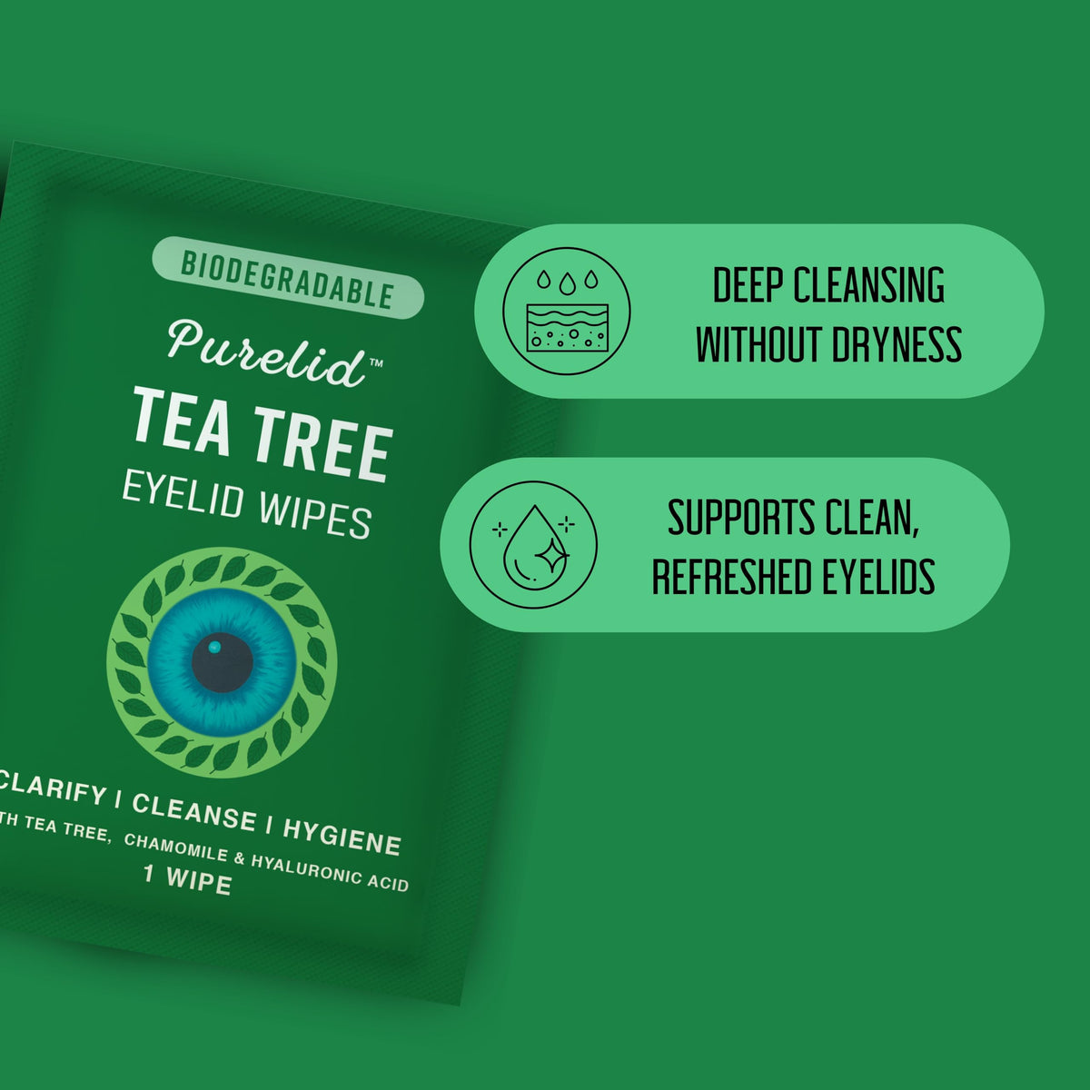 Tea Tree Eyelid Wipes, 100 Count, with Hyaluronic Acid