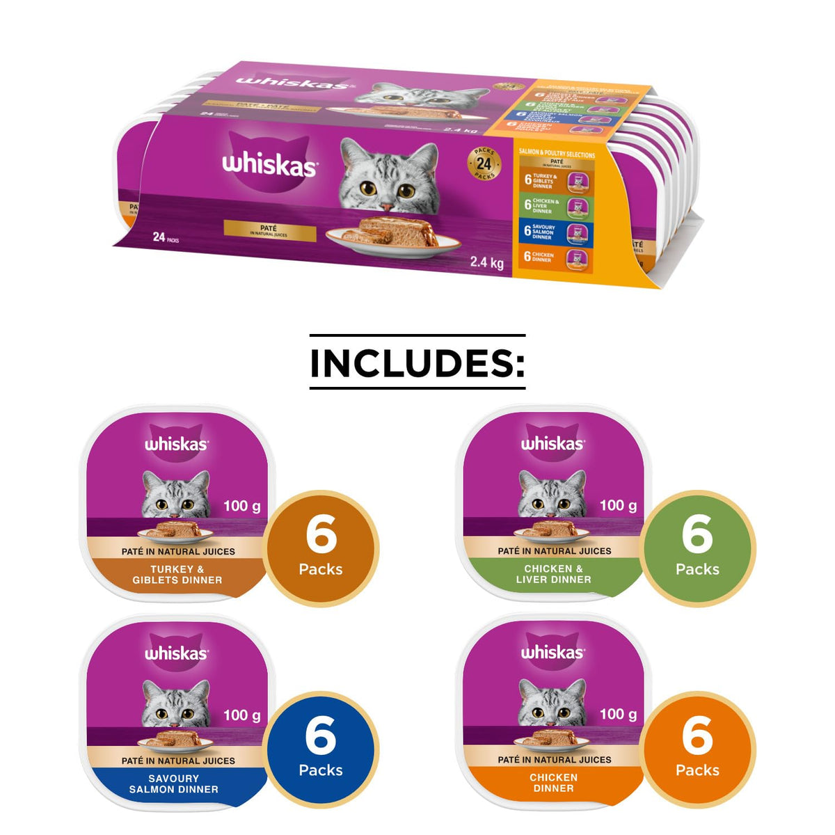 WHISKAS Salmon & Poultry Selections Pate Wet Cat Food, 24 x 100 g