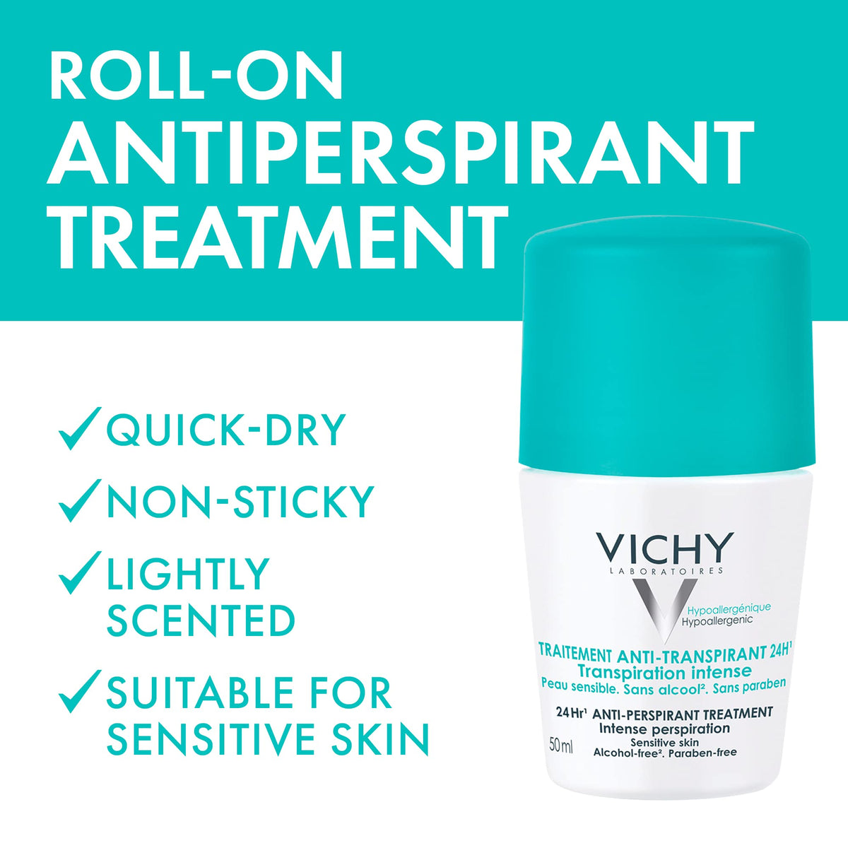 Vichy Anti-Perspirant Roll-On Deodorant, Travel Size, 50 mL