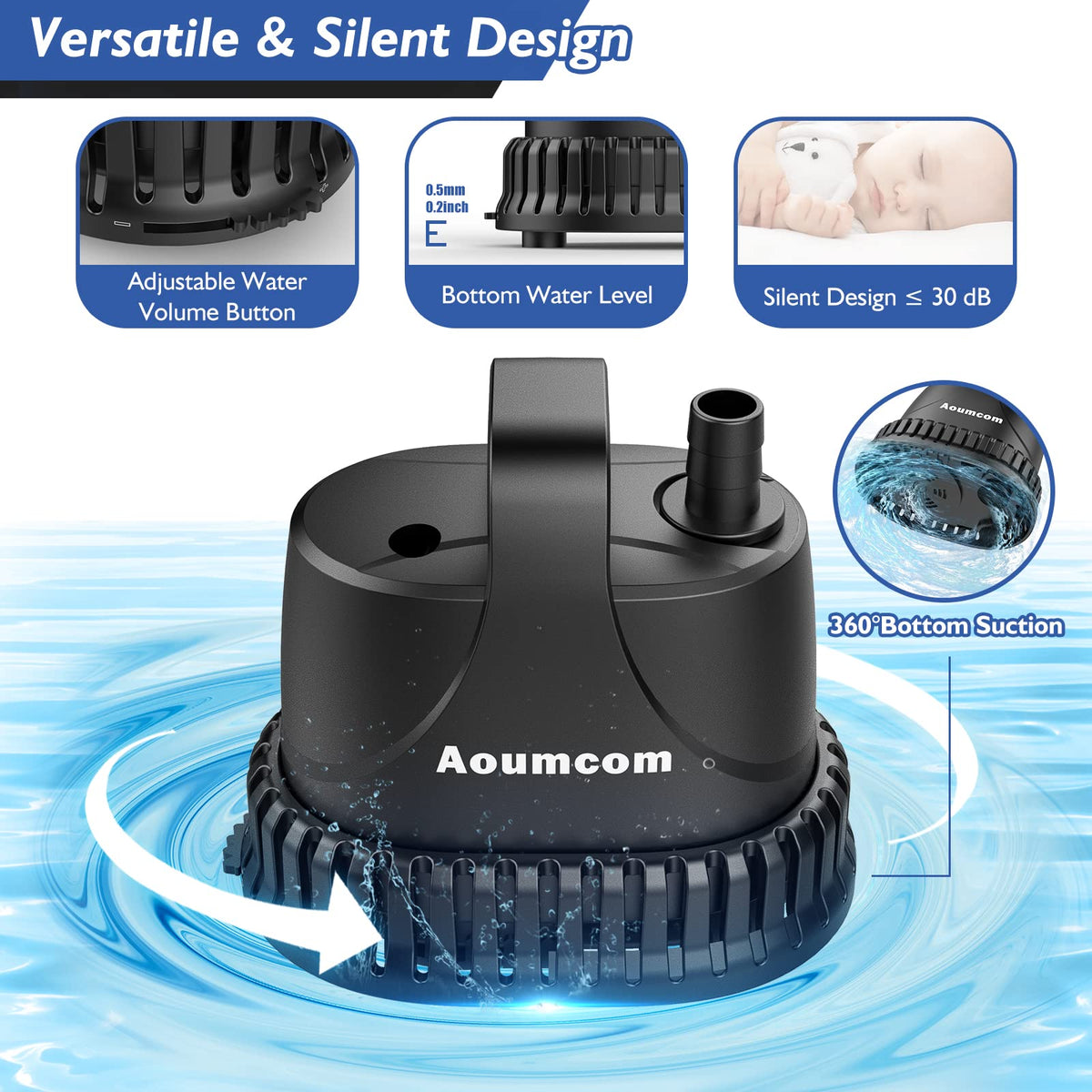 Aoumcom 200 GPH Submersible Water Pump, 10W