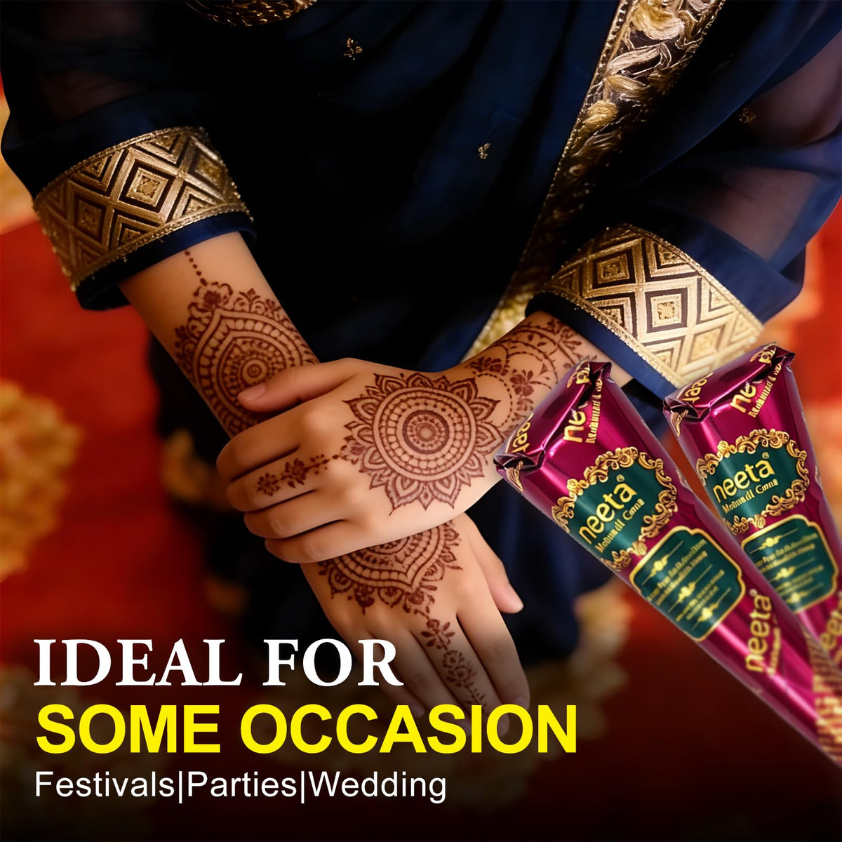 Natural Henna Paste Cones with 8 Stencils, Reddish Brown (4 Pack)