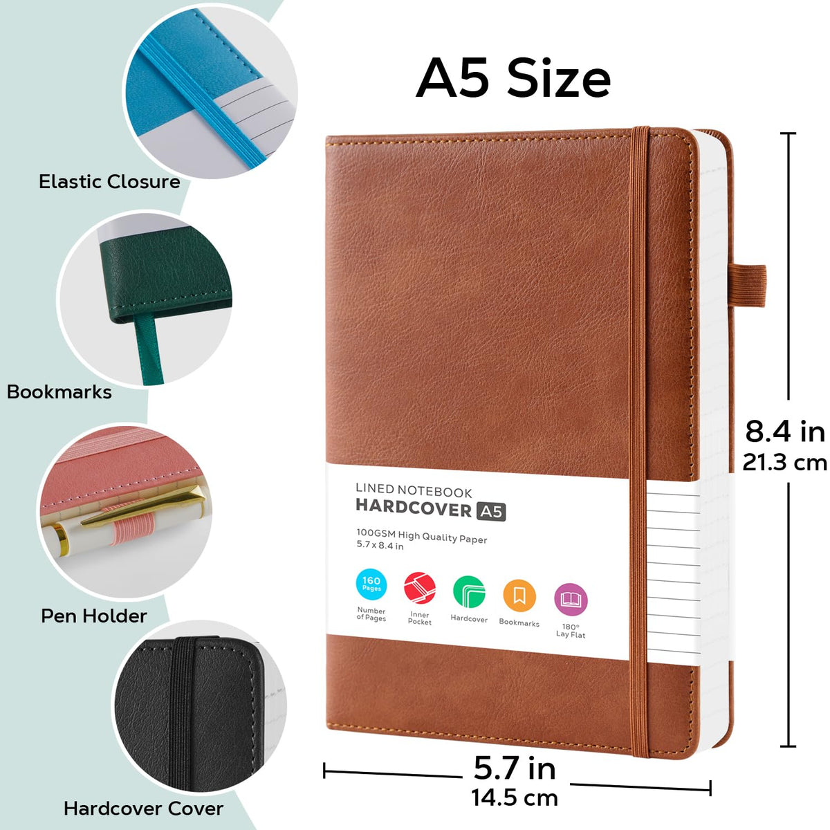 FOCUS DAY Hardcover A5 Lined Journals, Brown & Black, 2-Pack