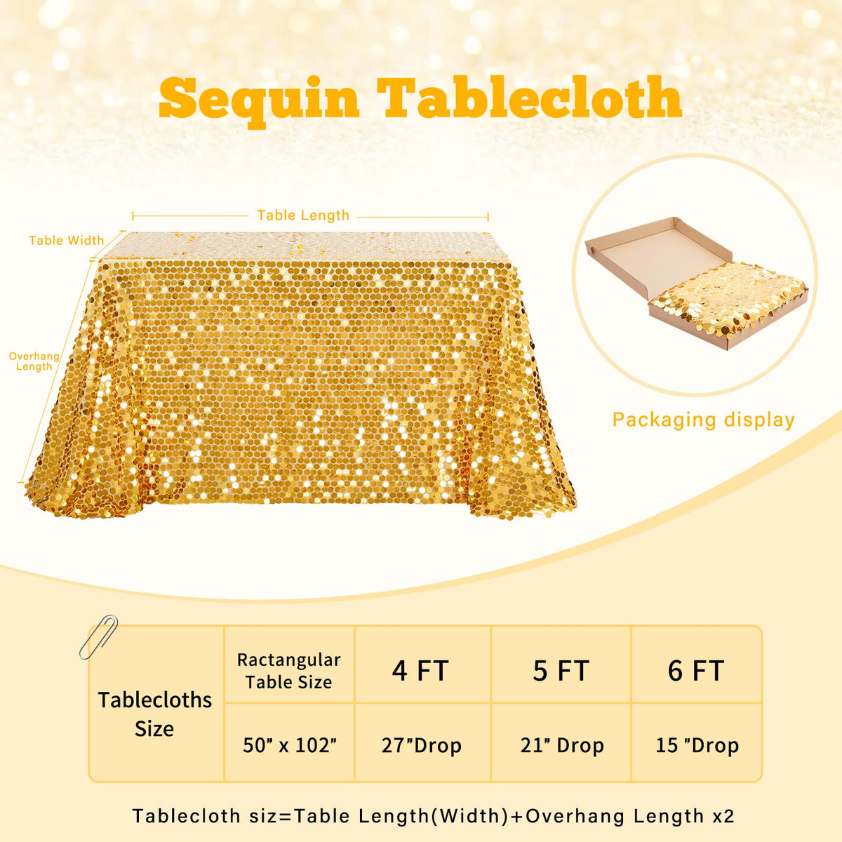 B-Cool Gold Sequin Tablecloth, 50x102 Inch, Rectangle