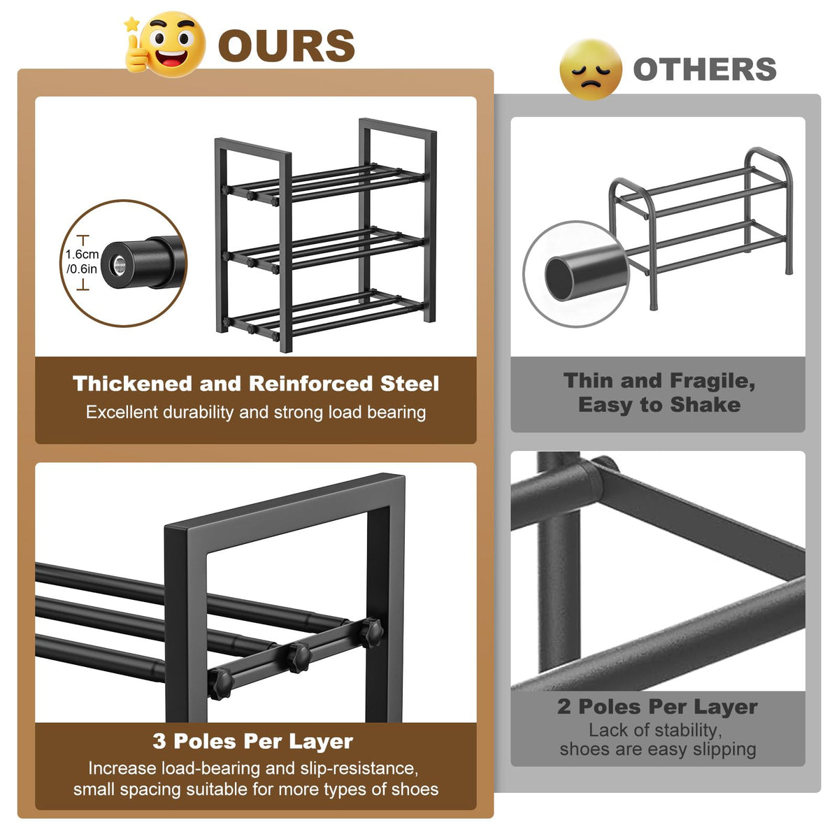 Roylvan 3-Tier Expandable Shoe Rack, 17-31 inch, Adjustable