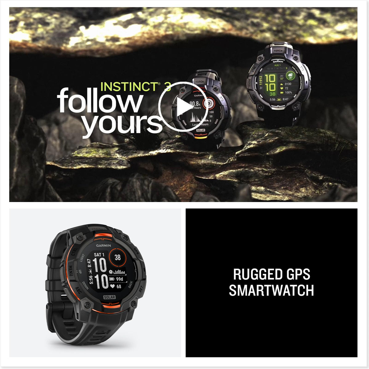 Garmin Instinct 3 Solar GPS Smartwatch, Black, 45mm