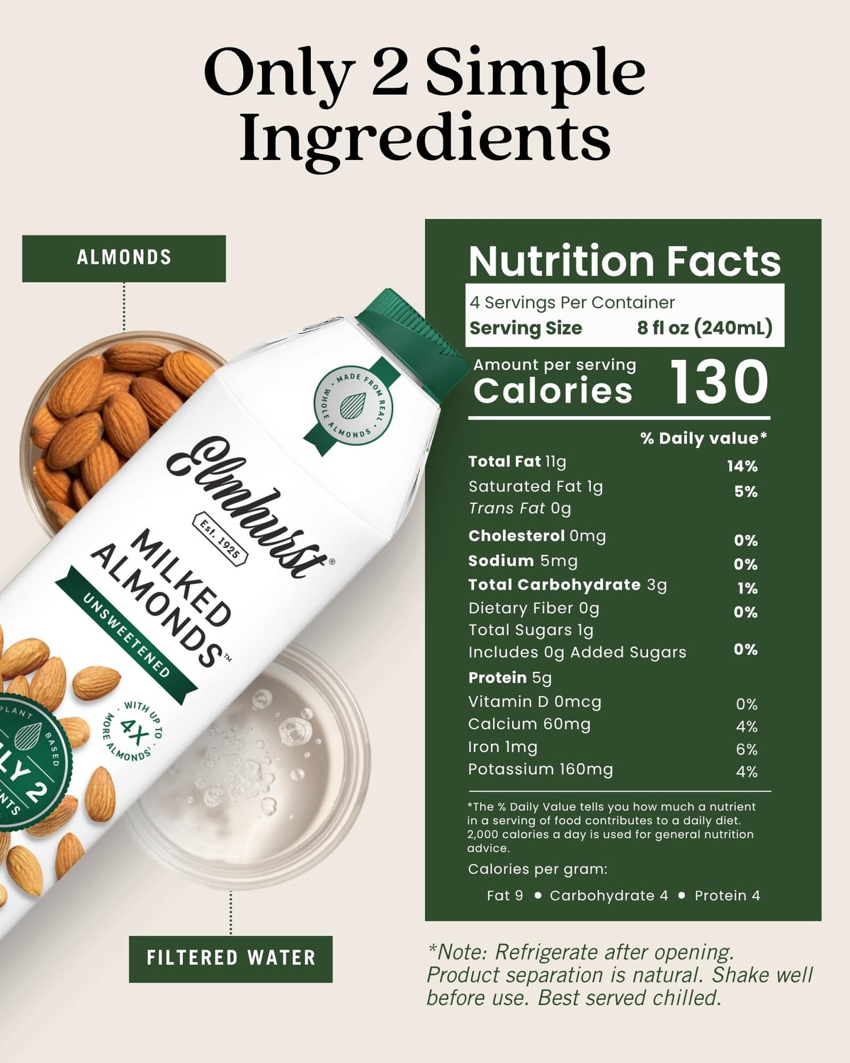 Elmhurst Unsweetened Almond Milk, 6 x 946 ml