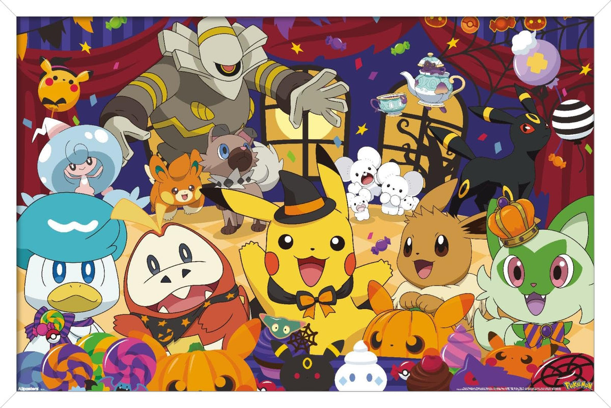 Pokémon Halloween Party Wall Poster, 34" x 22.4", White Framed