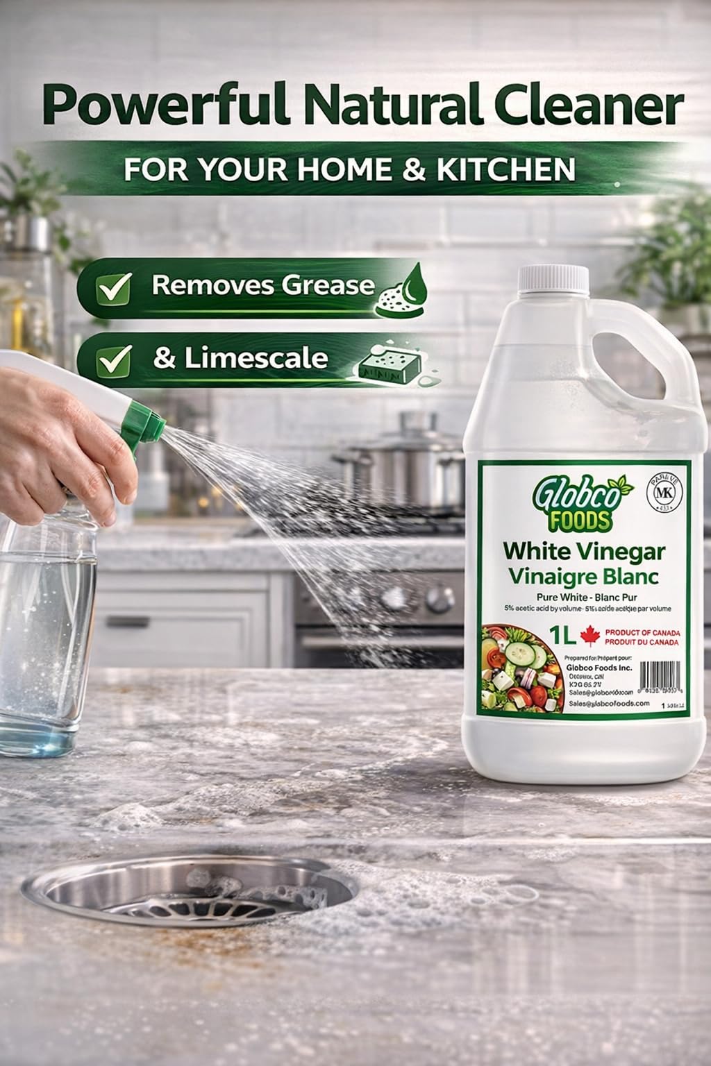 Globco Foods Pure White Vinegar, 1 L
