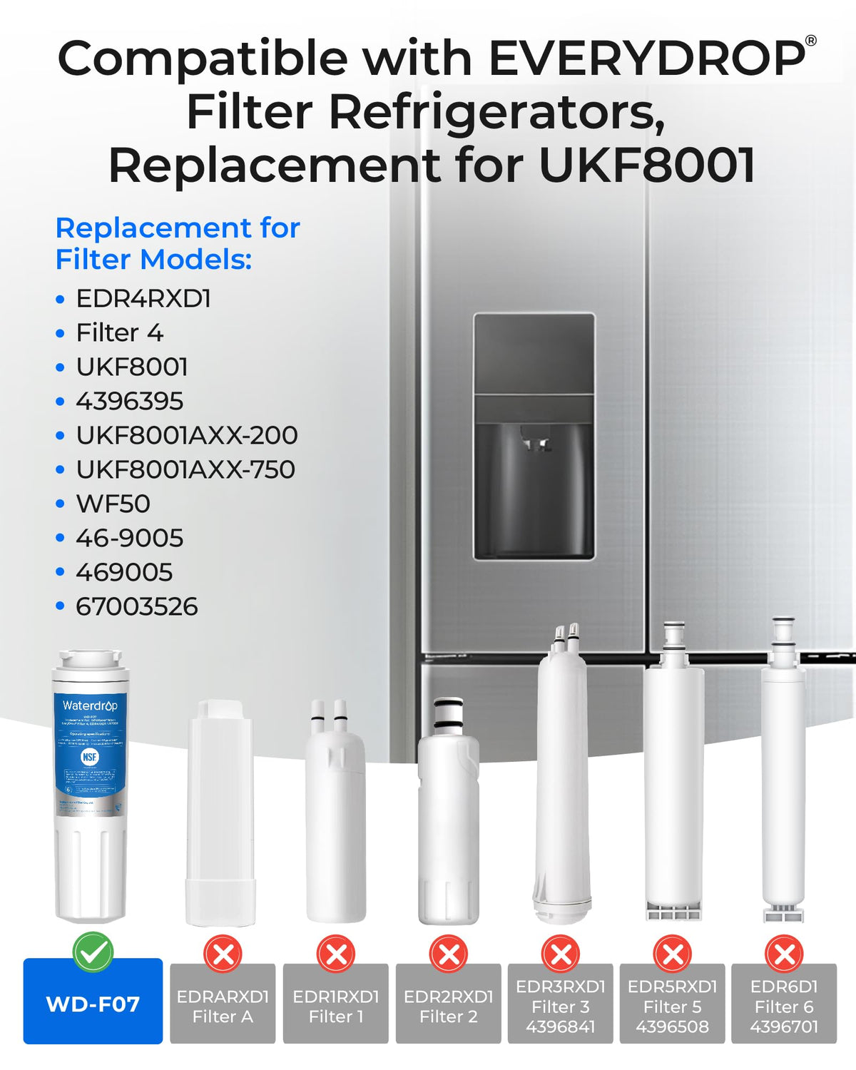 Waterdrop EDR4RXD1 Refrigerator Water Filter, 3 Filters