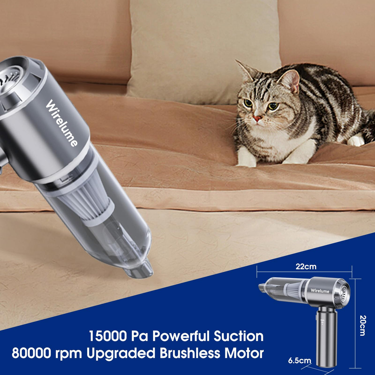 Cordless Handheld Car Vacuum Cleaner, 22000 Pa, Grey
