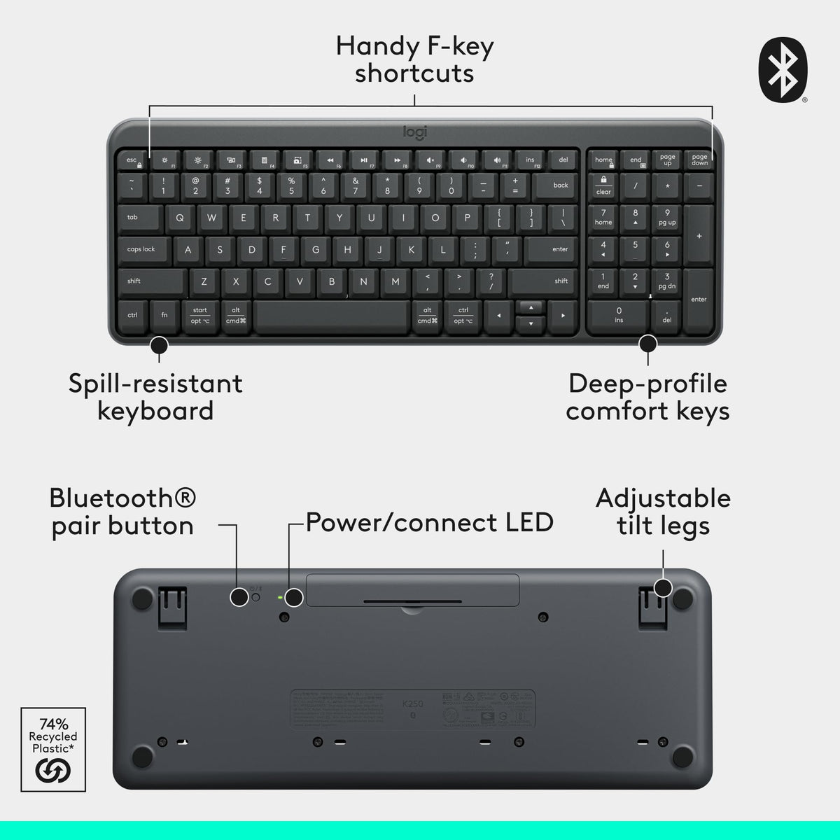 Logitech K250 Bluetooth Keyboard with Numpad, Graphite