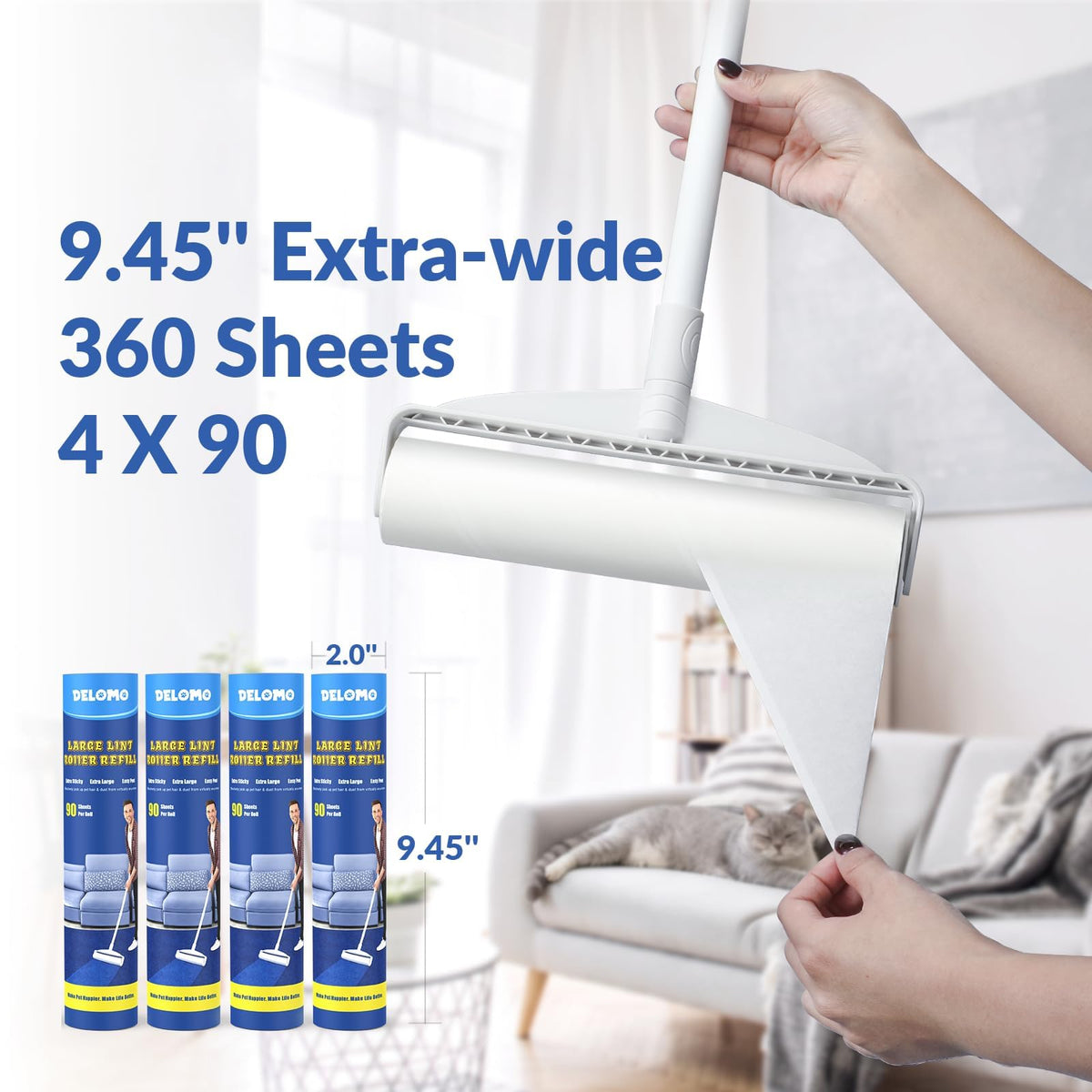Delomo Large Lint Rollers, 9.45 in, with 3 Extendable Handles