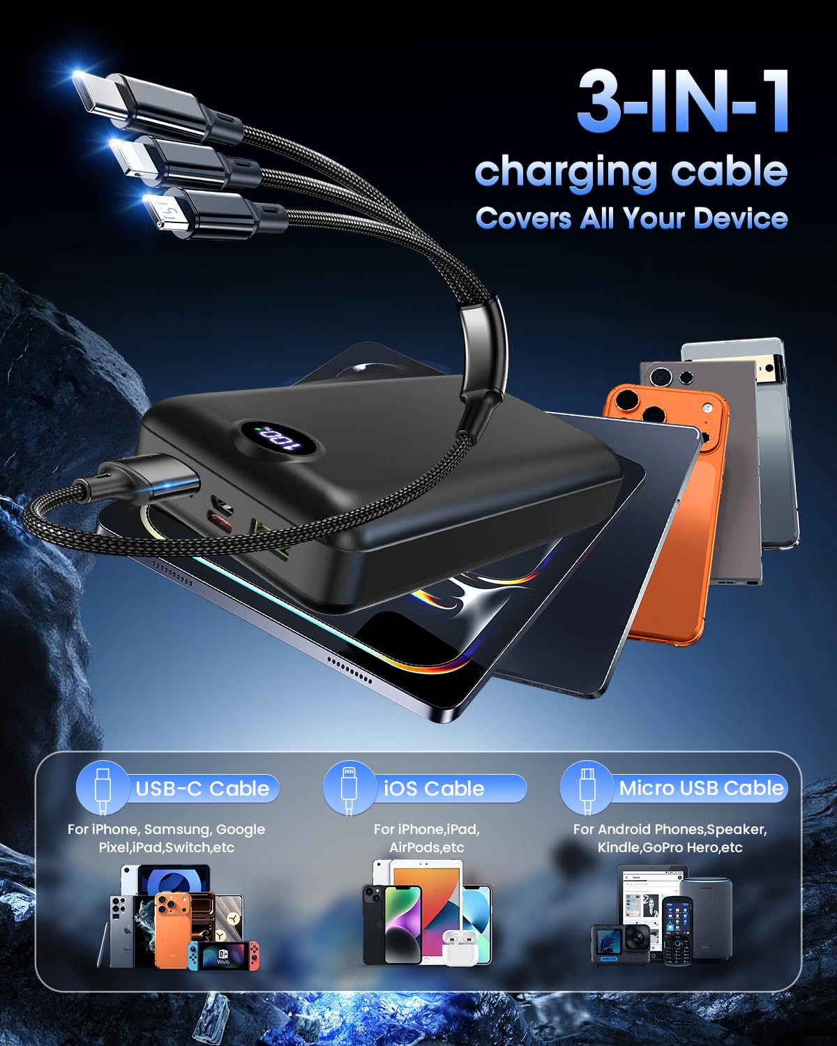Power Bank, 50000mAh, 22.5W, 3 Outputs, LED Display