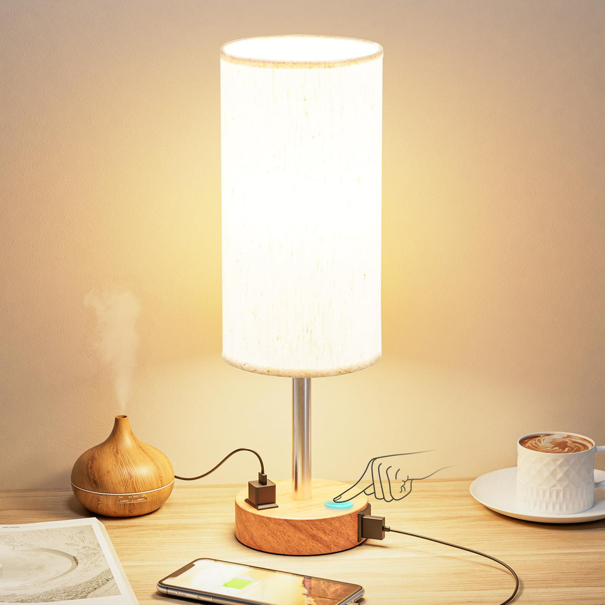 Fenmzee Dimmable Touch Bedside Lamp with USB-C and Outlet, White