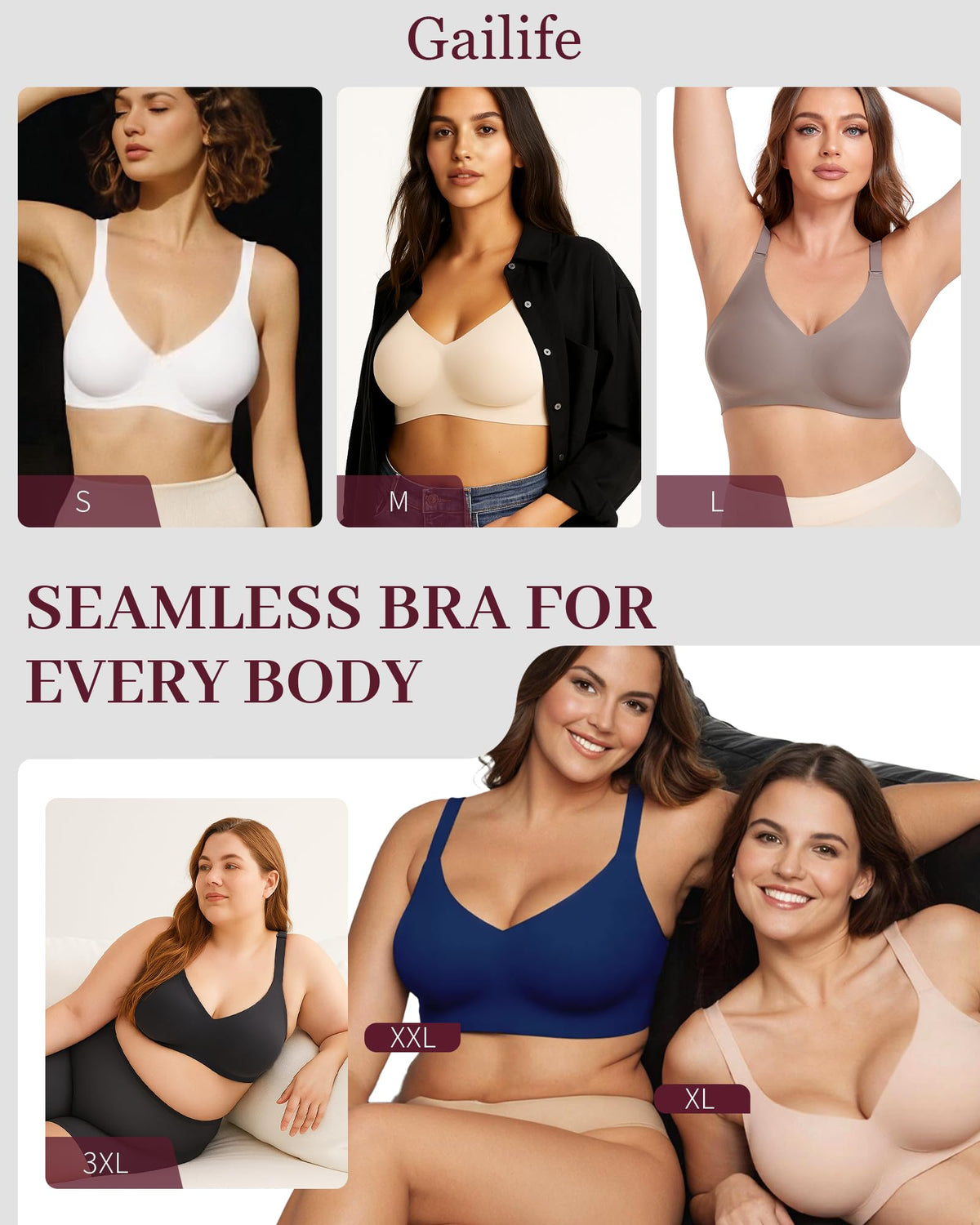 Gailife Seamless Wireless Jelly Bra, Full Coverage, Black, L
