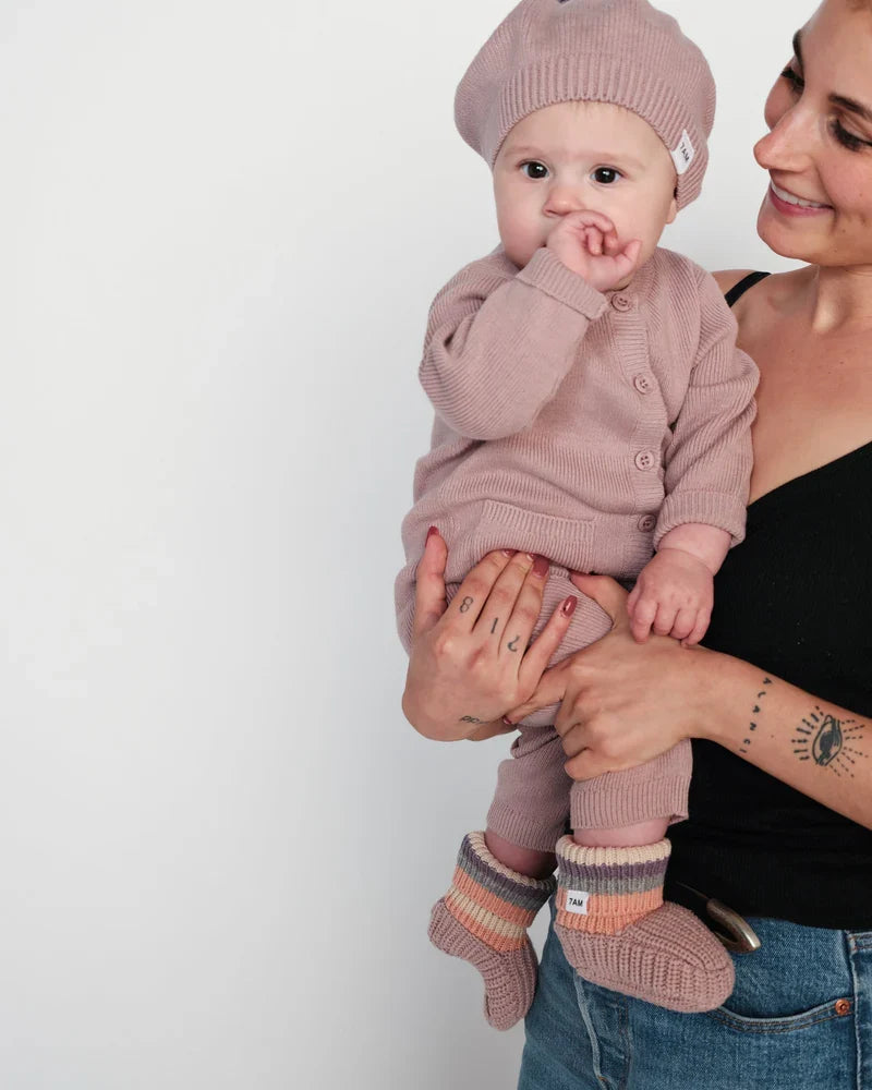 7AM Chunky Long Sleeve Ribbed Jumpsuit, Rose Ash
