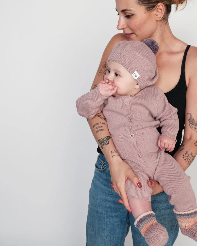 7AM Chunky Long Sleeve Ribbed Jumpsuit, Rose Ash