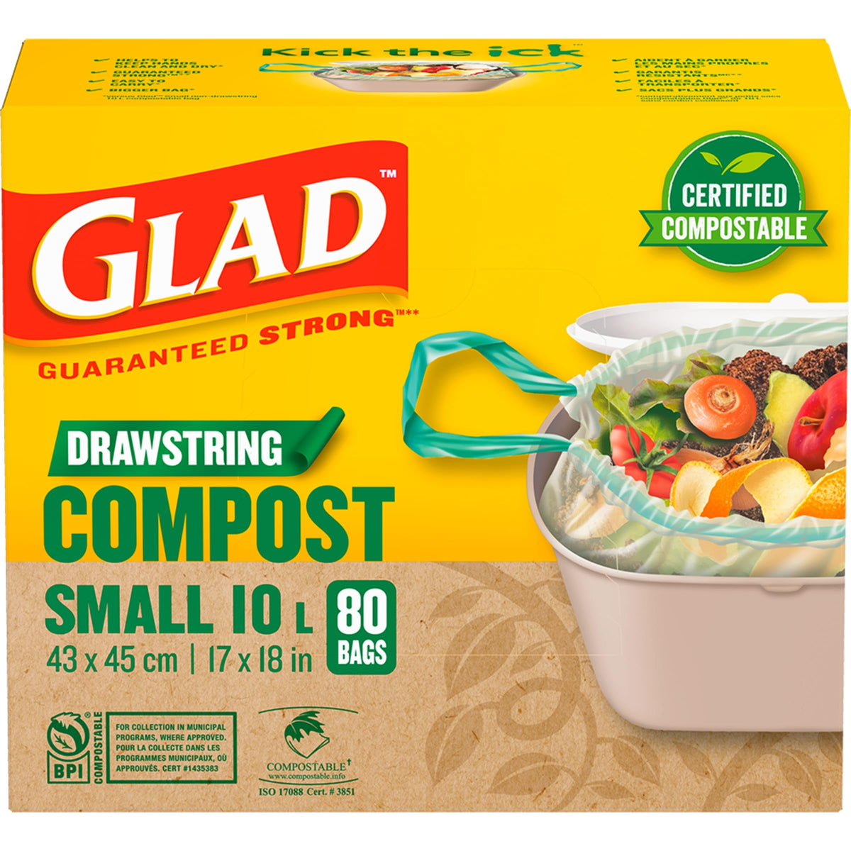 Glad Compostable Drawstring Bags, Small, 10 L, Unscented, 80 Count