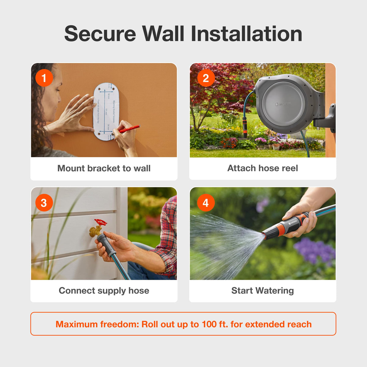 GARDENA 20505-80 Wall Mounted Retractable Hose Reel, 100 ft