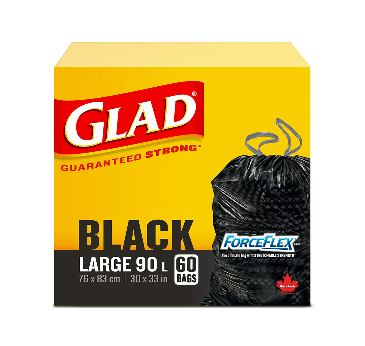 Glad ForceFlex Black Drawstring Garbage Bags, Large, 90 L (60 Count)