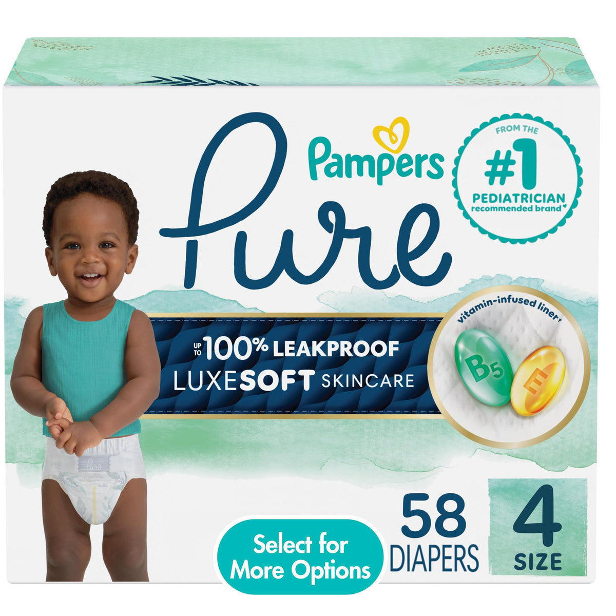 Pampers Pure Baby Diapers, Size 4, 58 Count