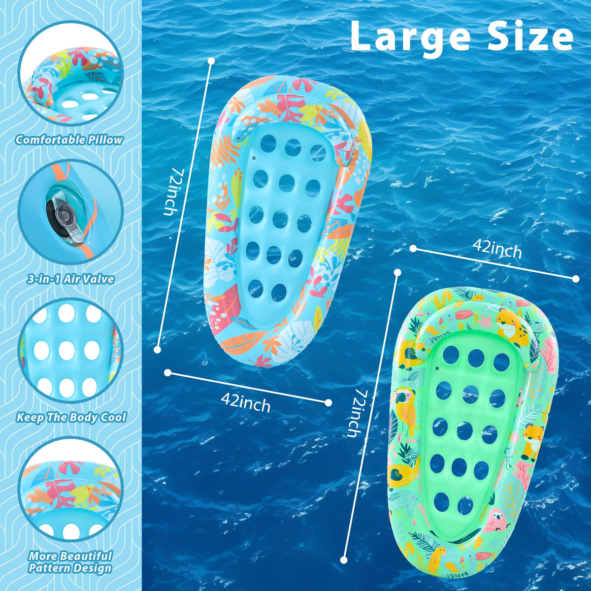 LUSARRYWILL Pool Float Mats with Headrest, 72" x 42" (2 Pack)