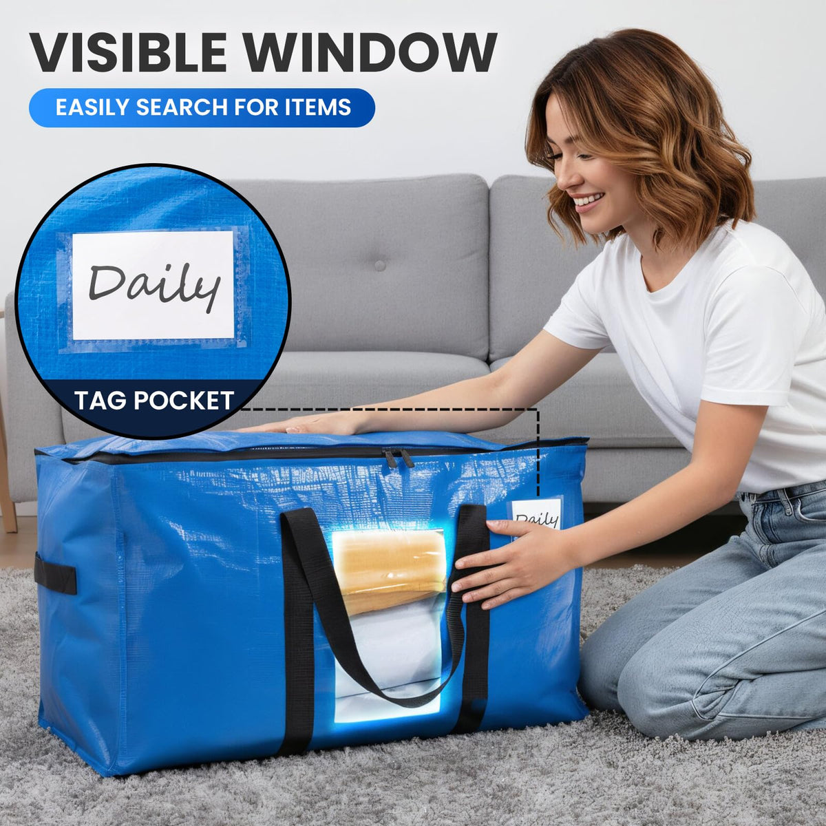 Taili Extra Large Moving Bags with Window, Blue, 4 Pack