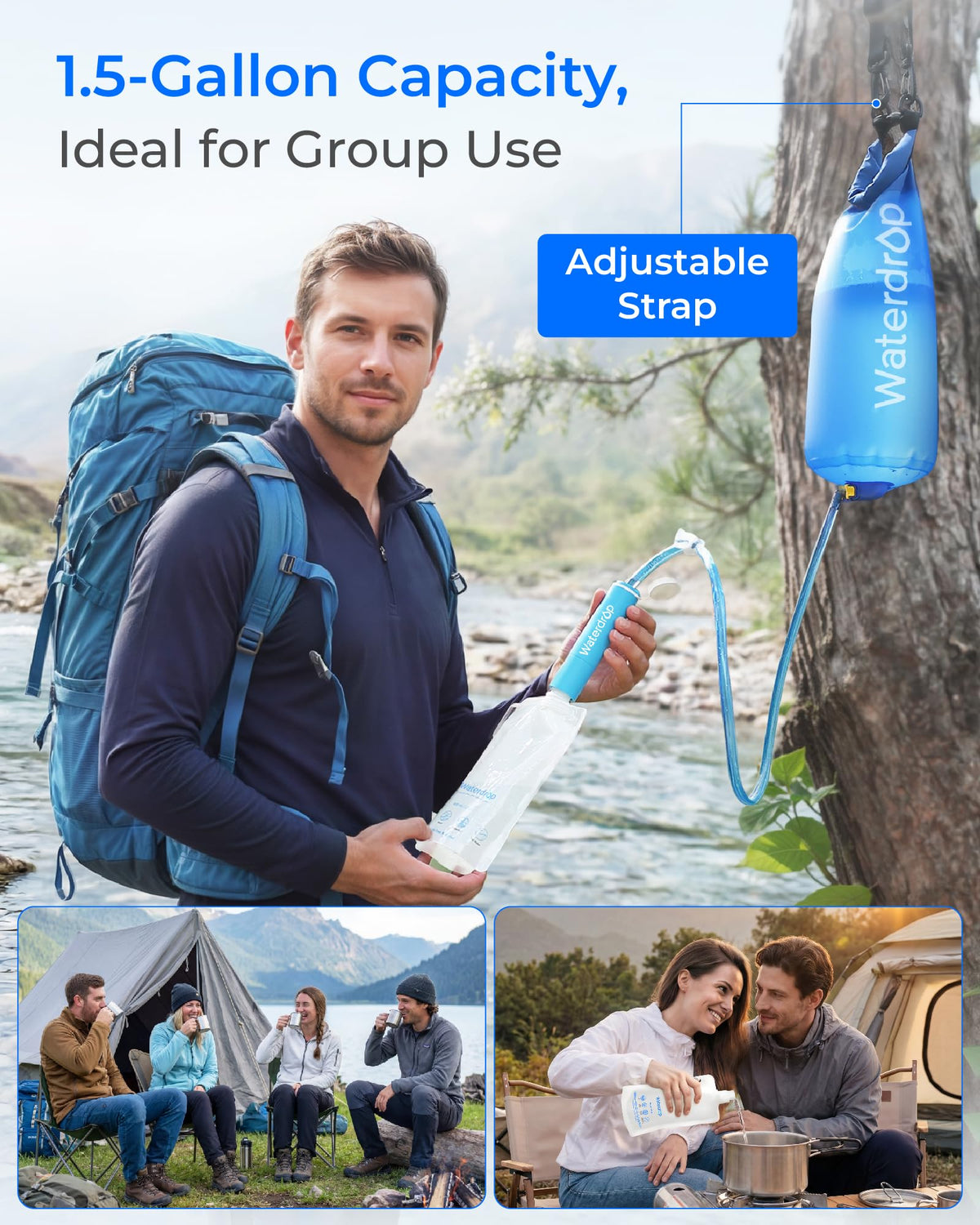 Waterdrop Gravity Water Filter Straw with 1.5 Gal Bag