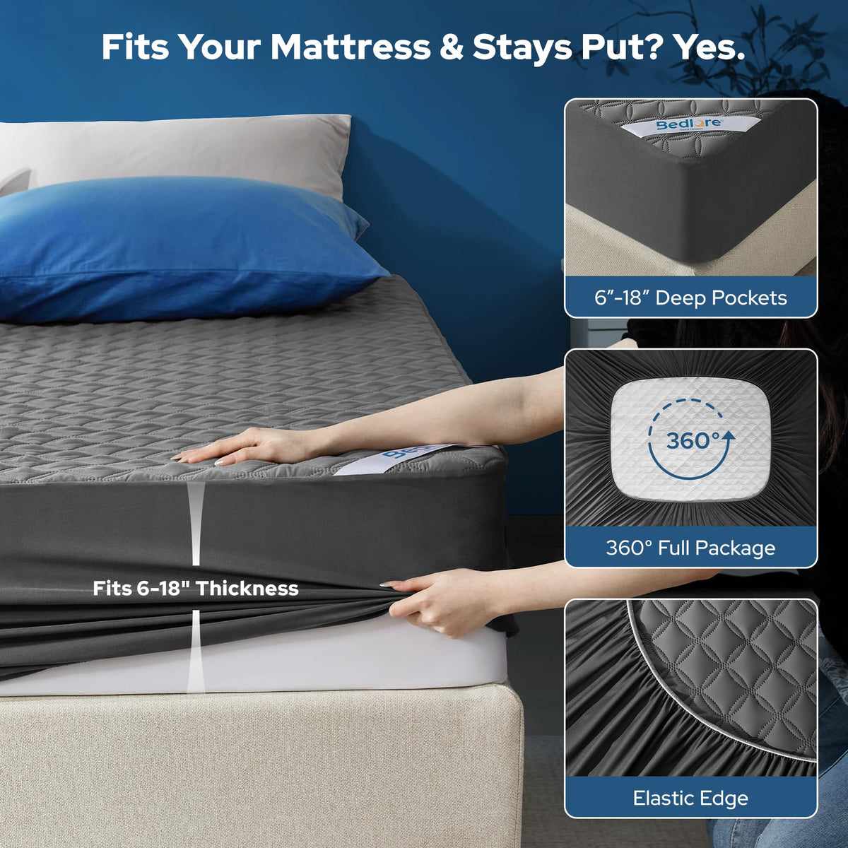 Waterproof Noiseless Mattress Protector, Queen, Grey