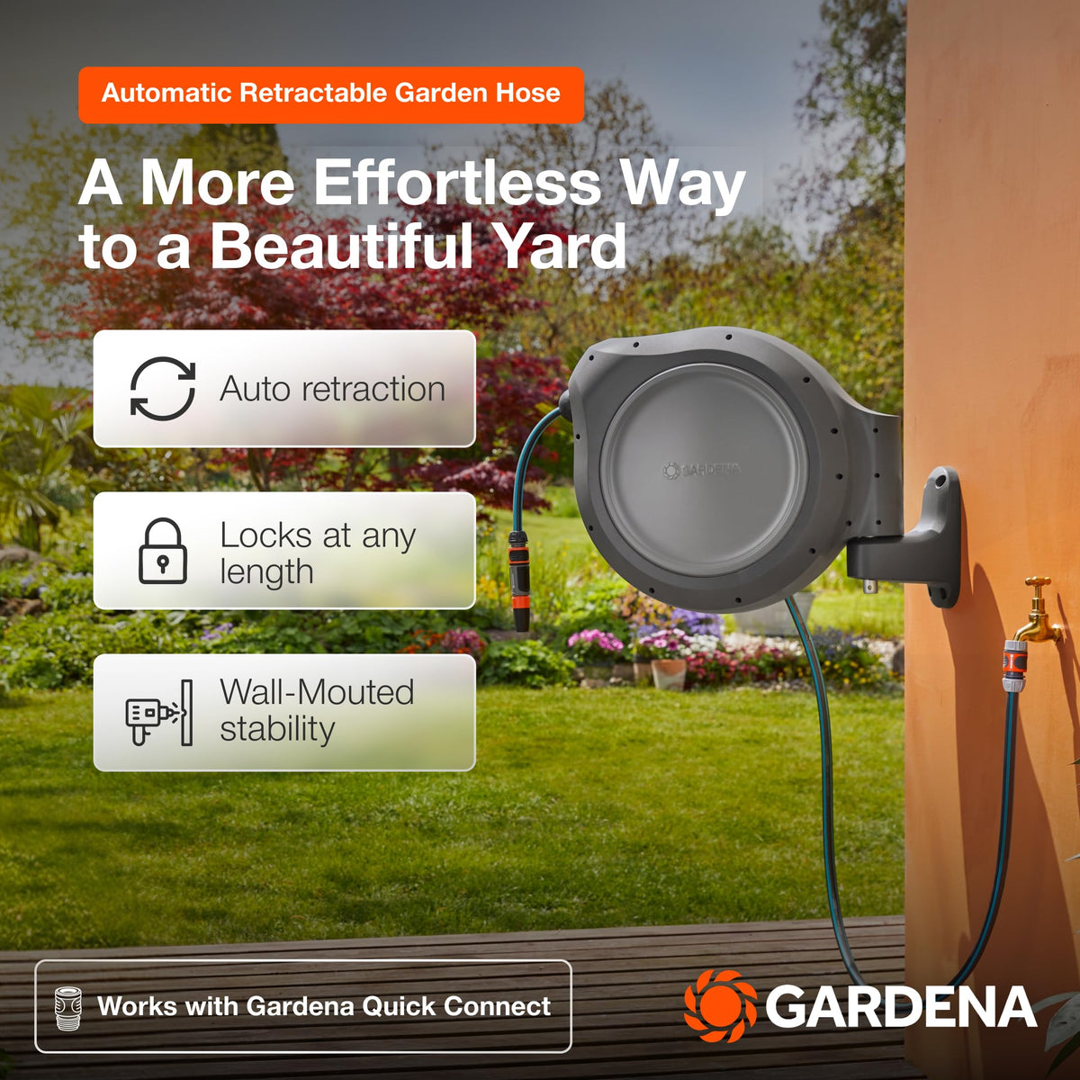 GARDENA 20505-80 Wall Mounted Retractable Hose Reel, 100 ft