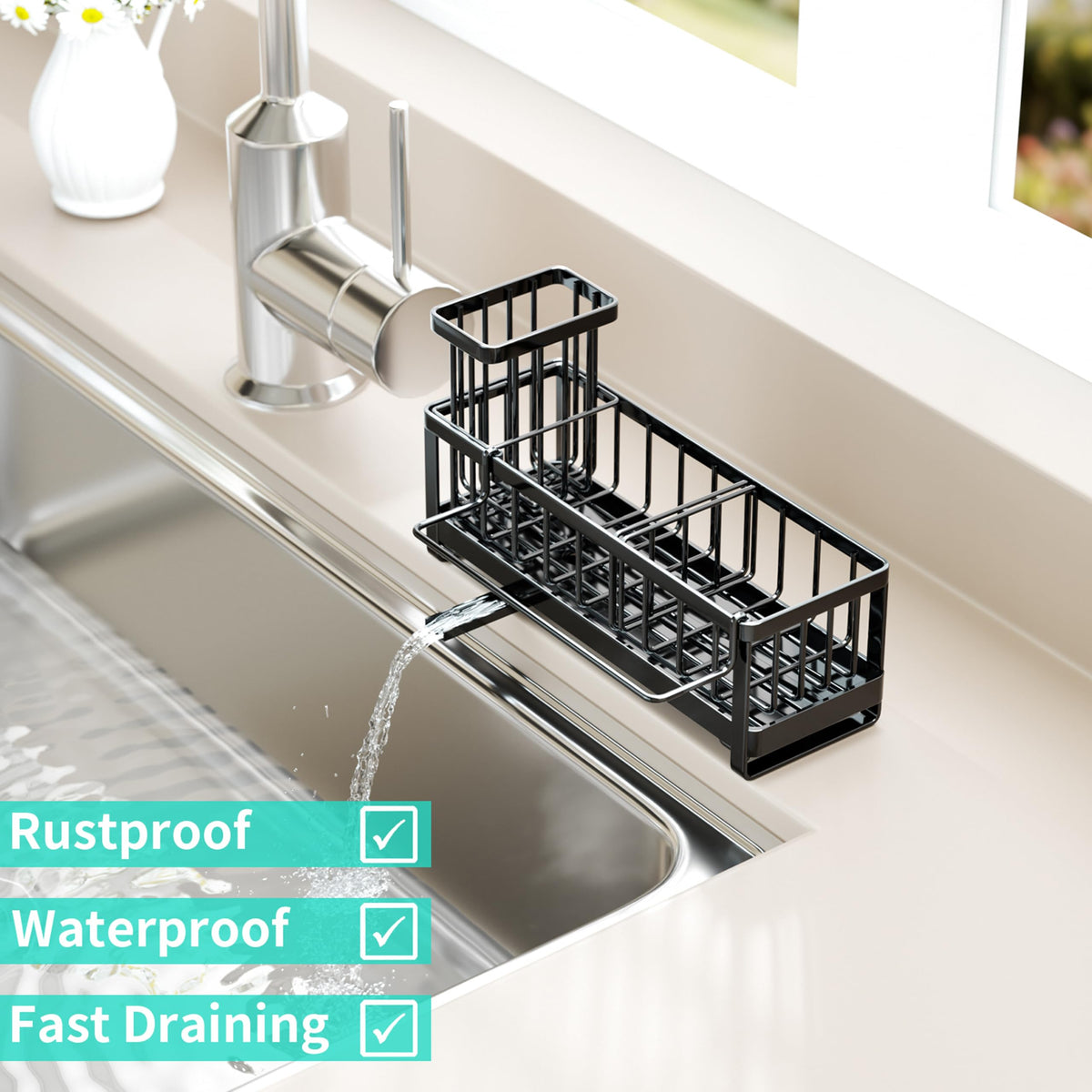 HapiRm Self-Draining Sink Caddy Sponge Holder with Brush Holder