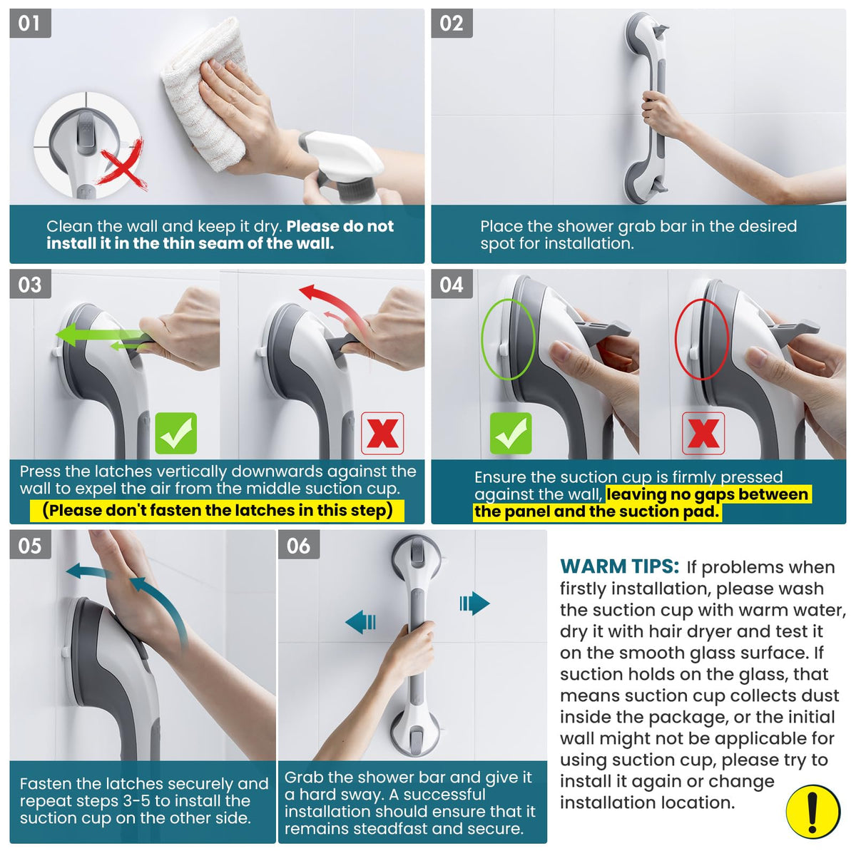 Taili Shower Suction Cup Grab Bar, Grey, 16 in, 2 Pack