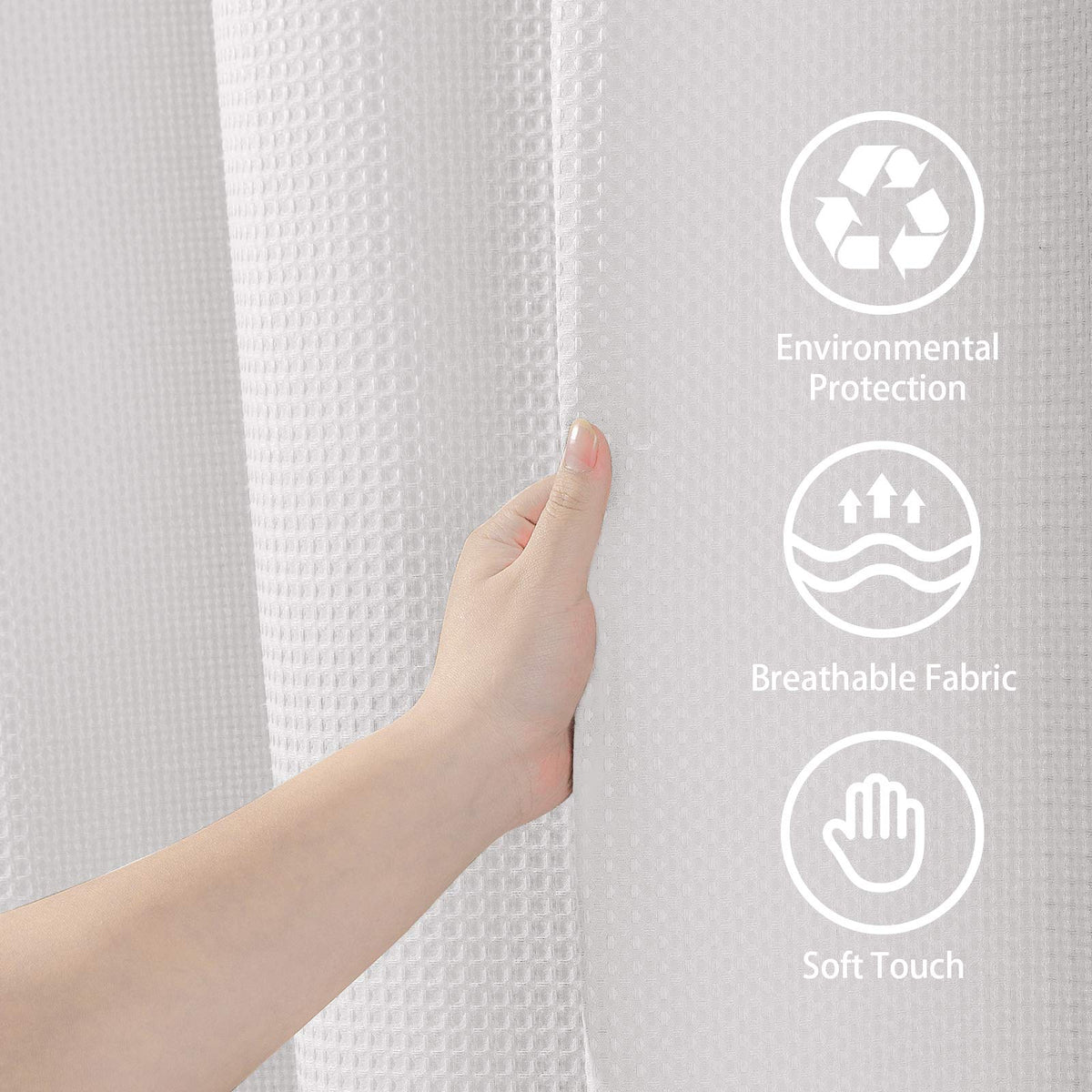 Waffle Weave Fabric Shower Curtain with Hooks, 72" x 72", White