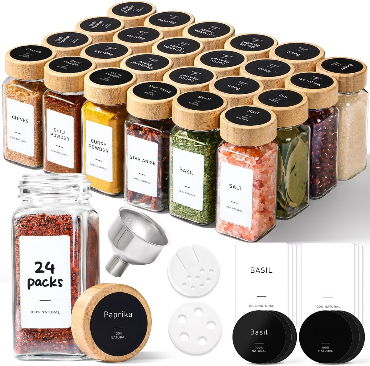 ComSaf Glass Spice Jars with Bamboo Lids, 24 Piece Set