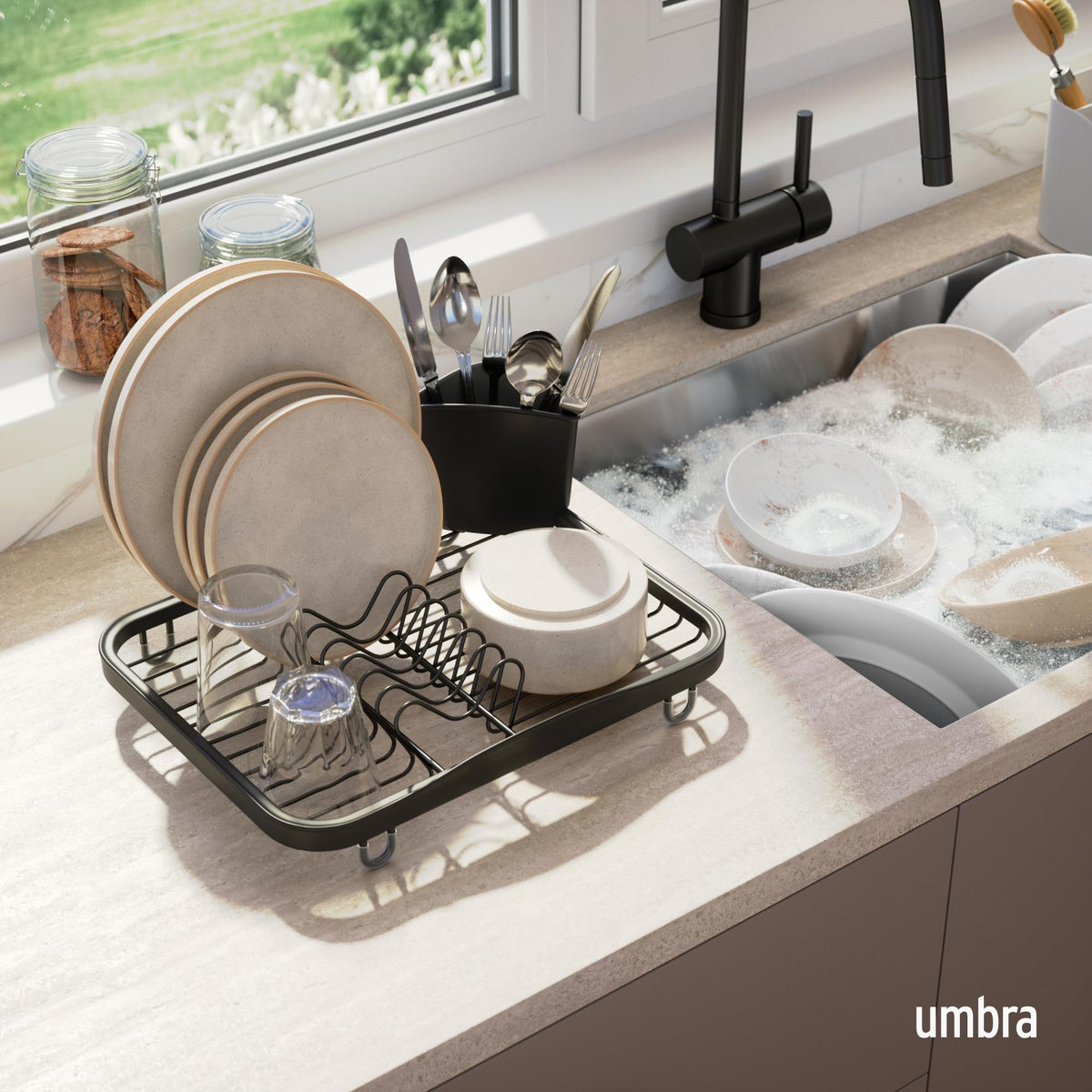 Umbra Sinkin Dish Drying Rack with Cutlery Holder, Standard, Black