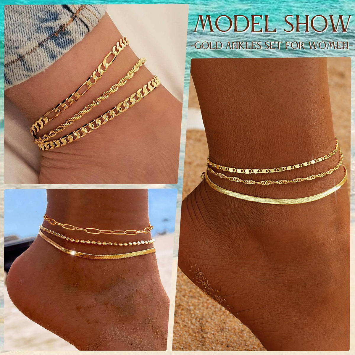 14K Gold-Plated Layered Anklet Set for Women, 5 Pieces, Adjustable