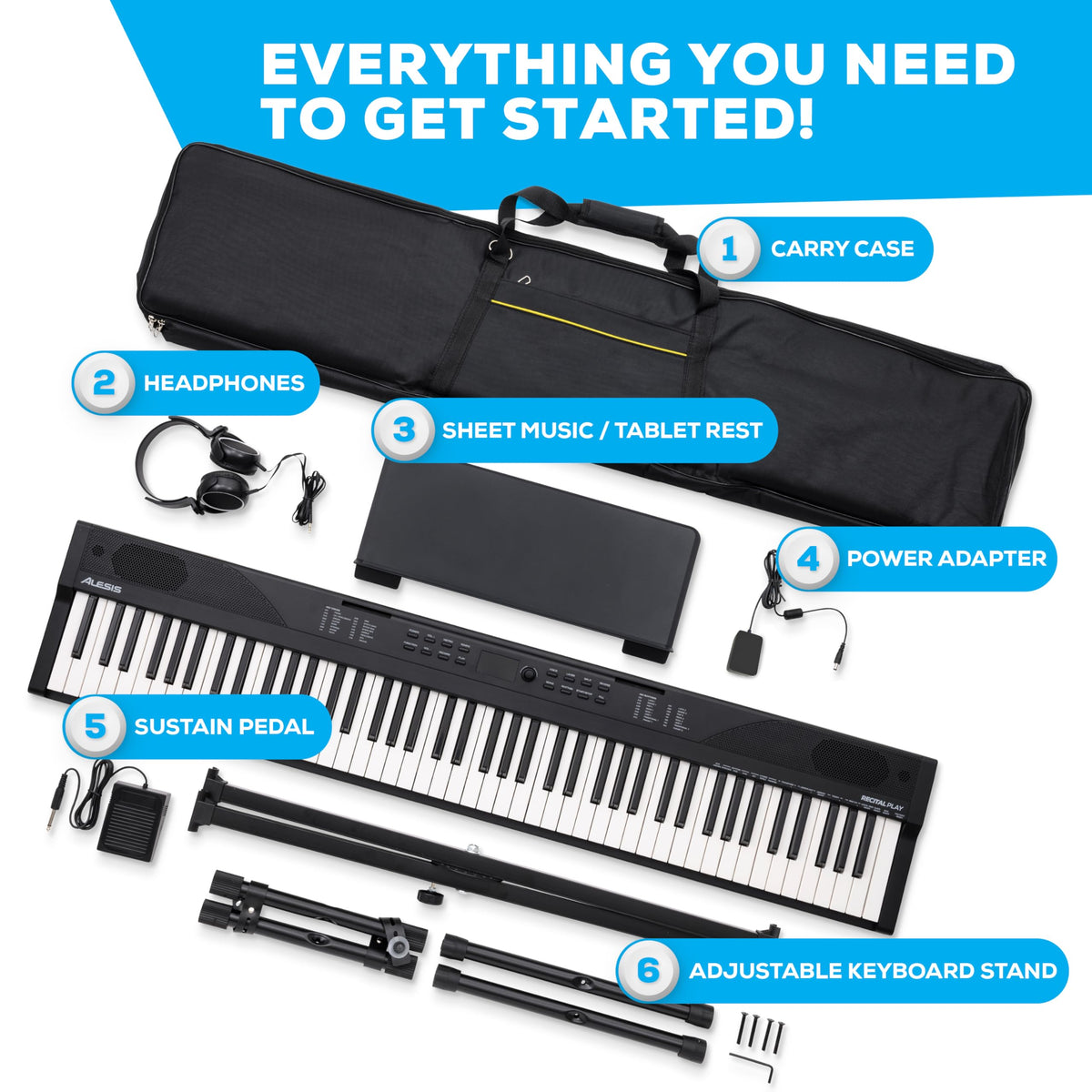 Alesis 88-Key Keyboard Piano Bundle with 480 Sounds and Stand