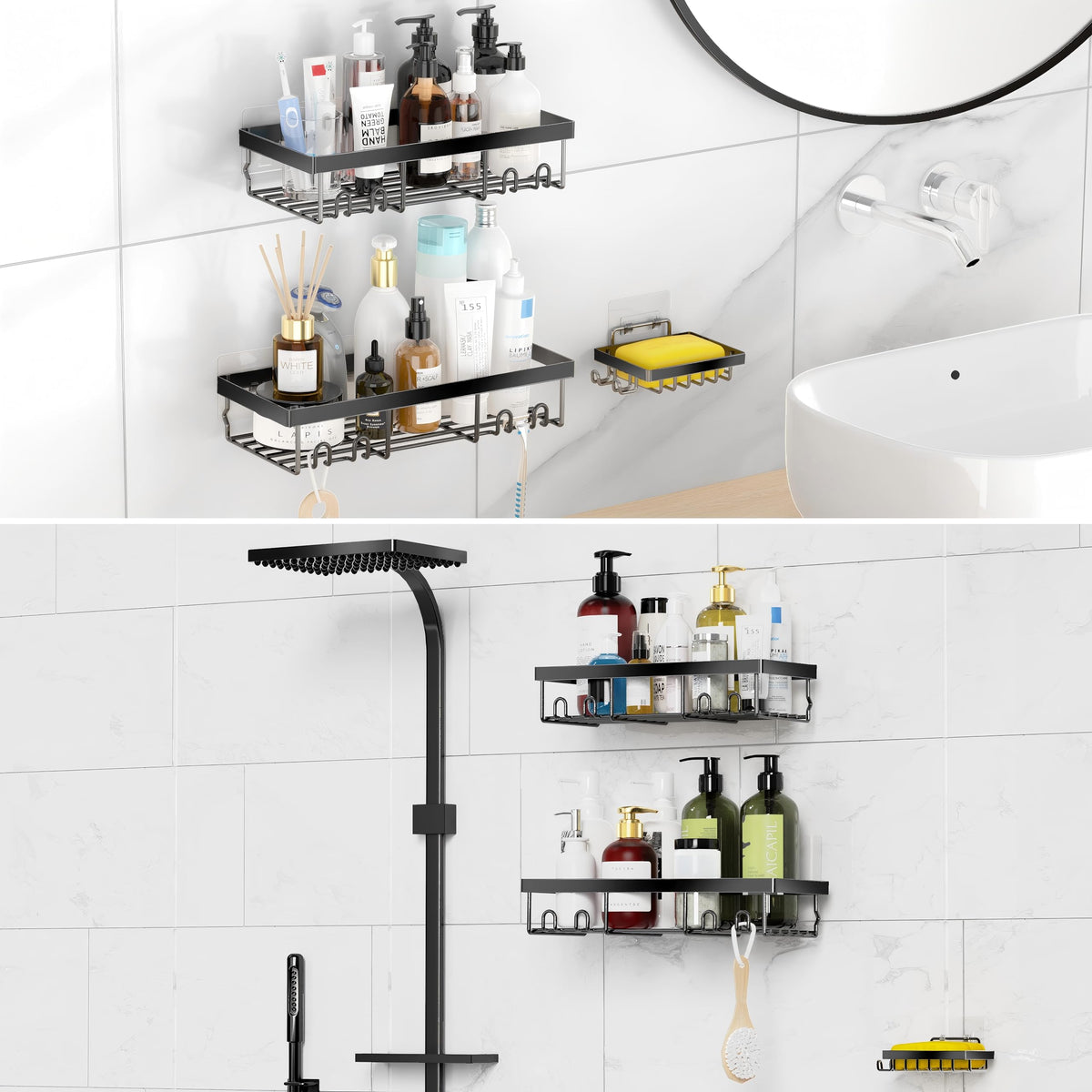 MOFOROCO Adhesive Shower Caddy with Soap Holder, Black (3 Pack)