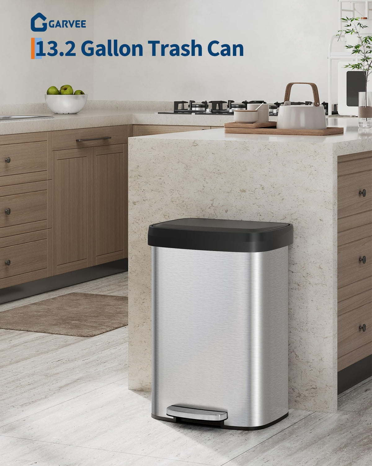 Garvee Stainless Steel Step Trash Can, 50 L / 13 Gal, Silver