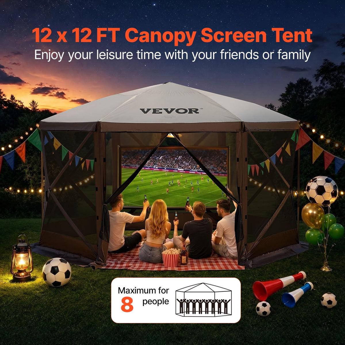 VEVOR 6-Sided Pop-Up Gazebo Screen Tent, 12' x 12', Brown & Beige
