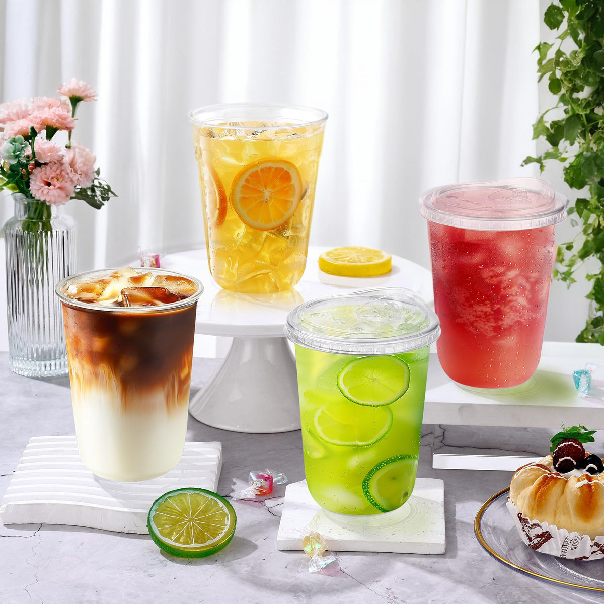 Clear Plastic Cups with Sip Lids, 16 oz, 50 Pack