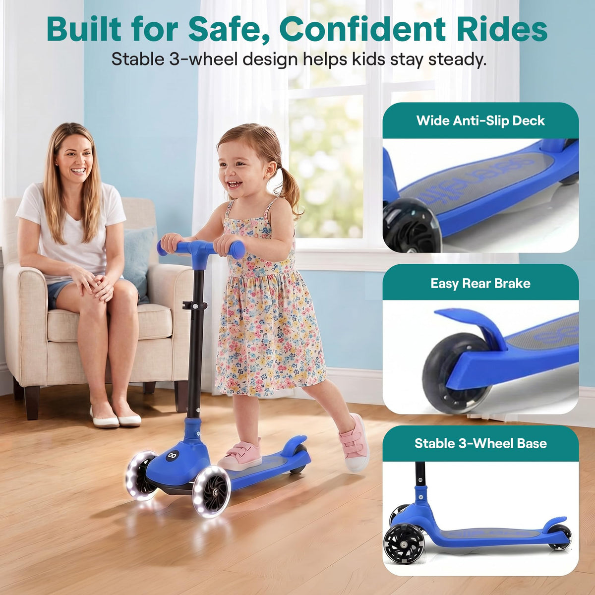SereneLife 3 Wheel Scooter for Kids, Ages 2+, Blue