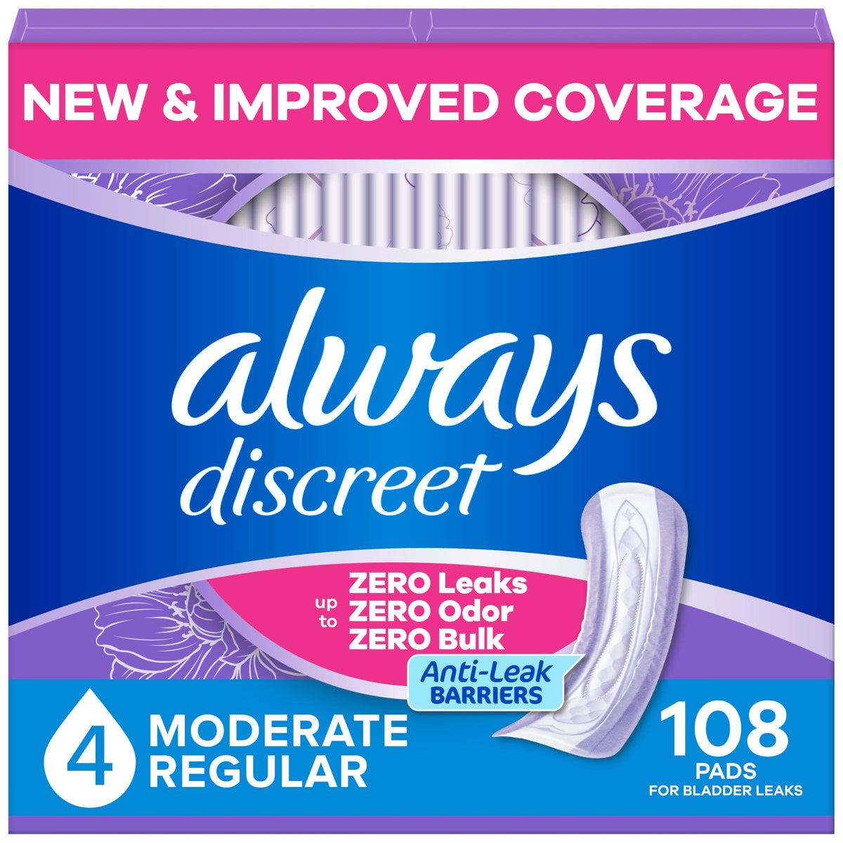 Always Discreet Incontinence Pads, Moderate, Regular (108 Count)