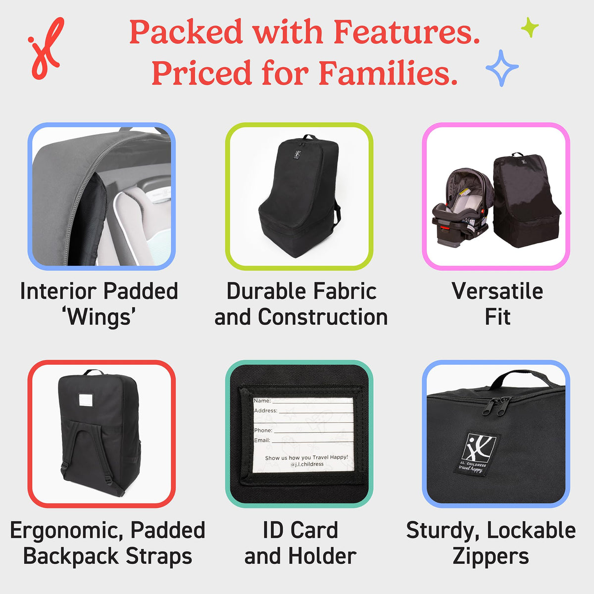 J.L. Childress Ultimate Padded Backpack Car Seat Travel Bag, Black