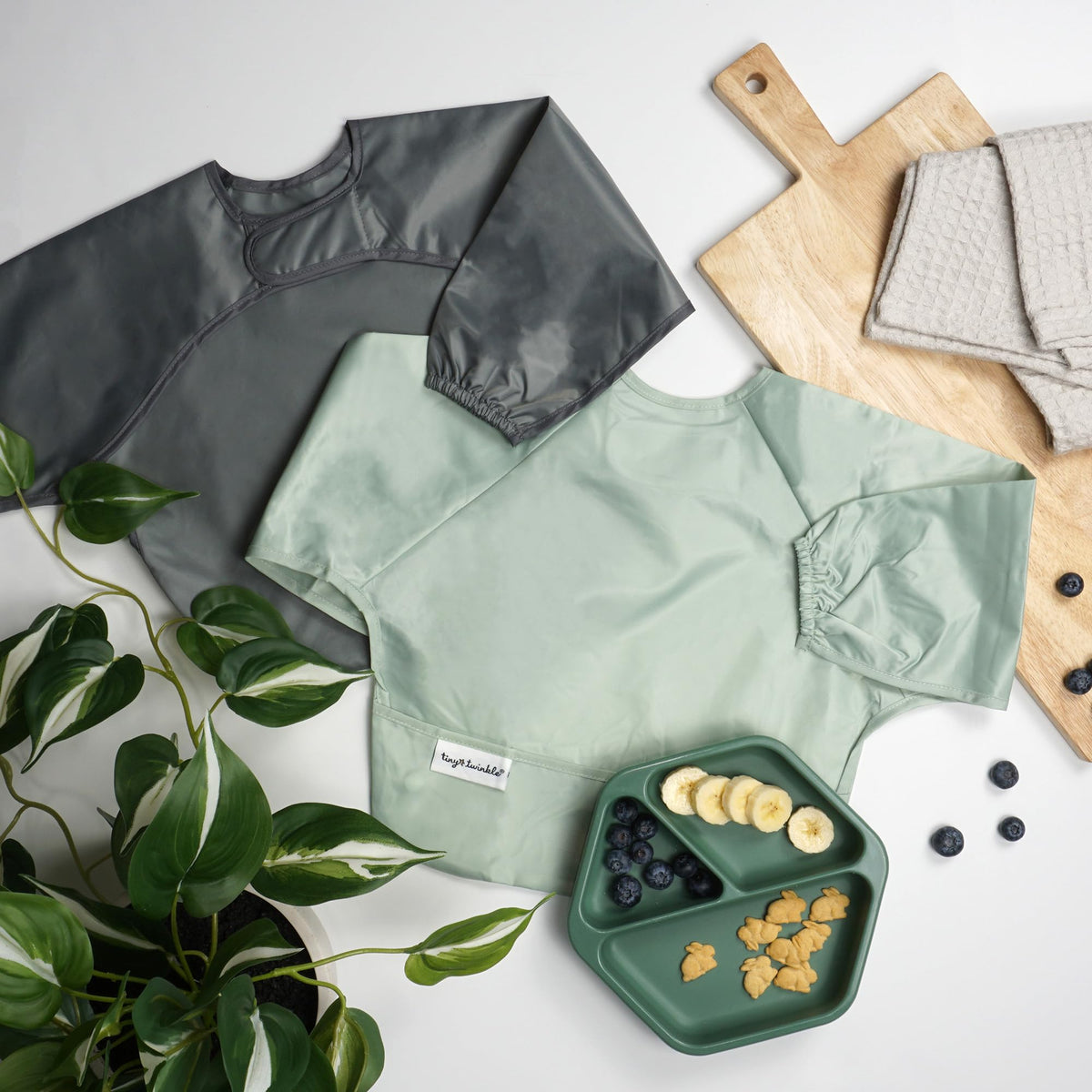 Tiny Twinkle Mess Proof Baby Bib, 2 Pack, Sage/Charcoal, 6-24M