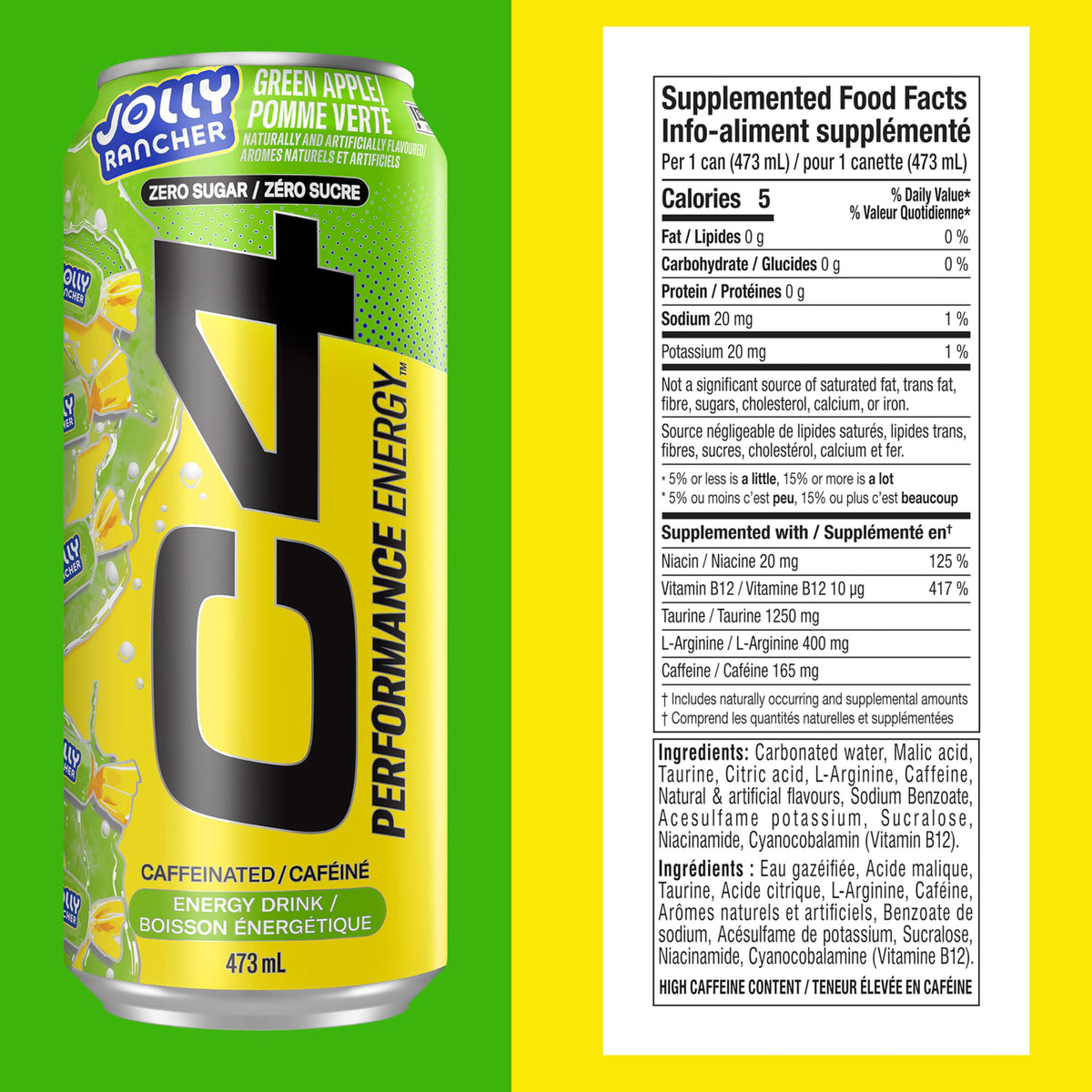 C4 Performance Energy Drink, Jolly Rancher Green Apple, 12 x 473 ml