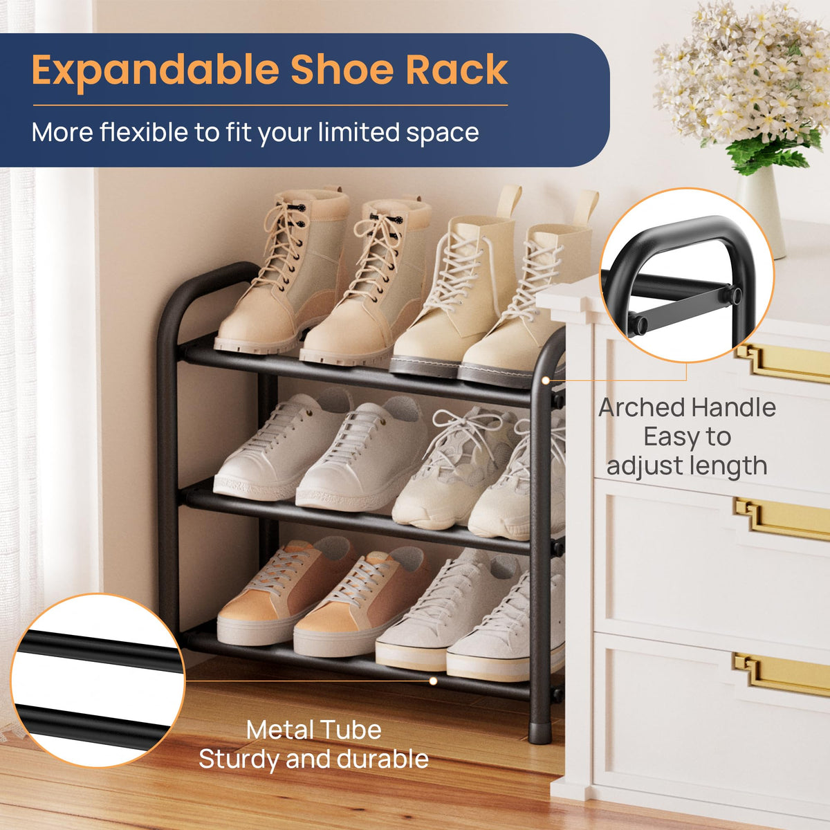 ENJOYBASICS 3-Tier Expandable Metal Shoe Rack, Black