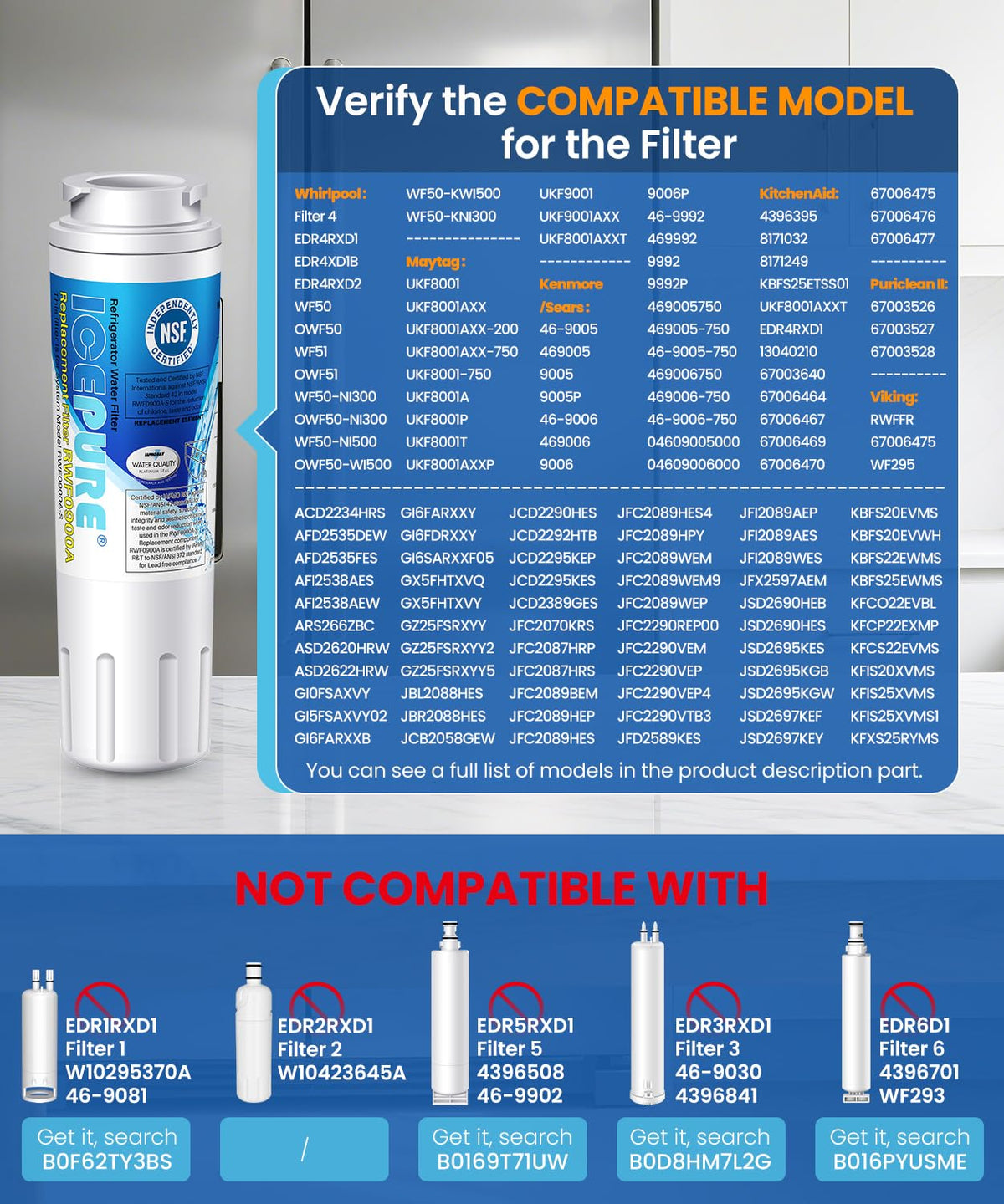 ICEPURE UKF8001 Refrigerator Water Filter for Whirlpool, 3 Pack