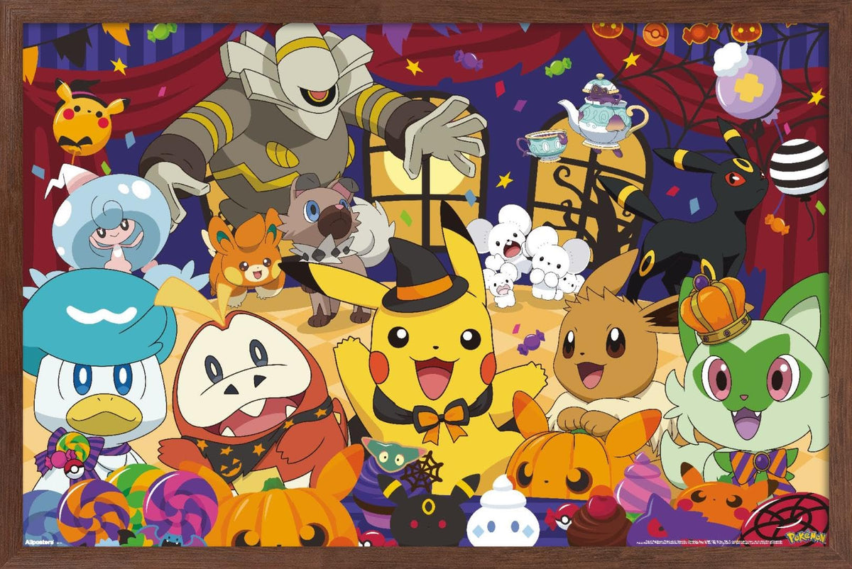 Pokémon Halloween Party Wall Poster, 34" x 22.4", Mahogany Framed