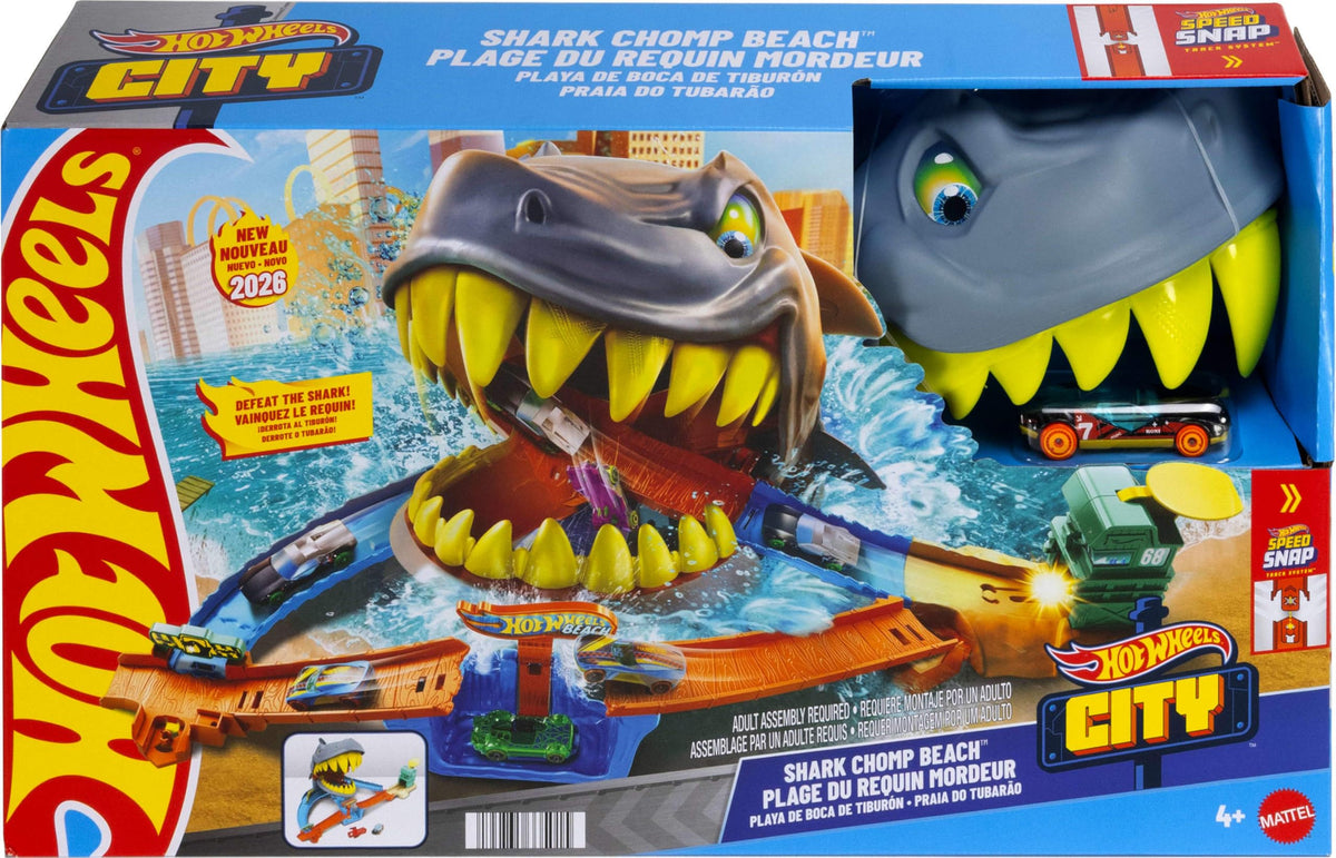 Hot Wheels City Shark Chomp Beach Playset with 1:64 Scale Car